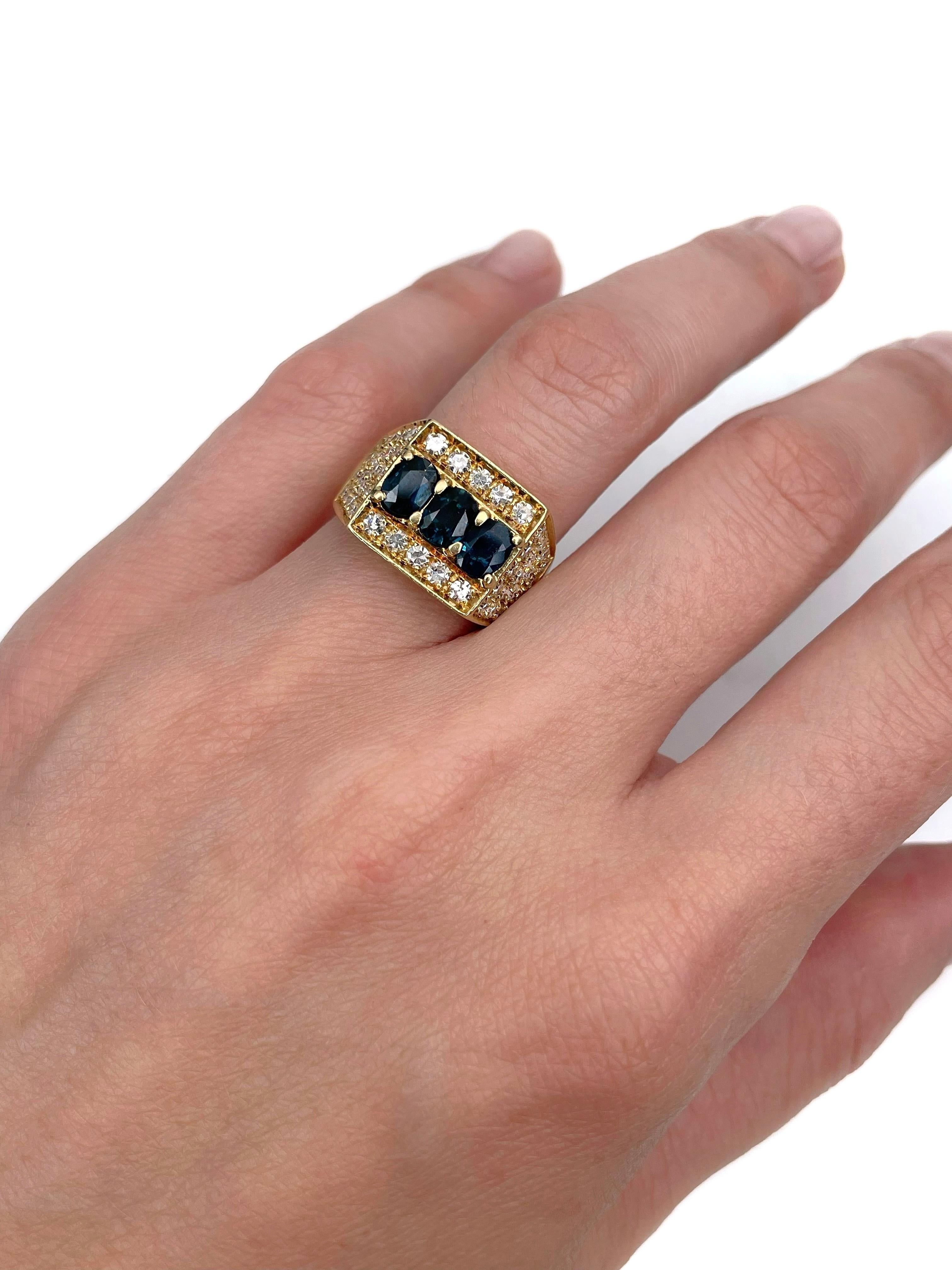 Modern Vintage 18 Karat Gold 1.00 Carat Sapphire 0.73 Carat Diamond Three Stone Ring For Sale