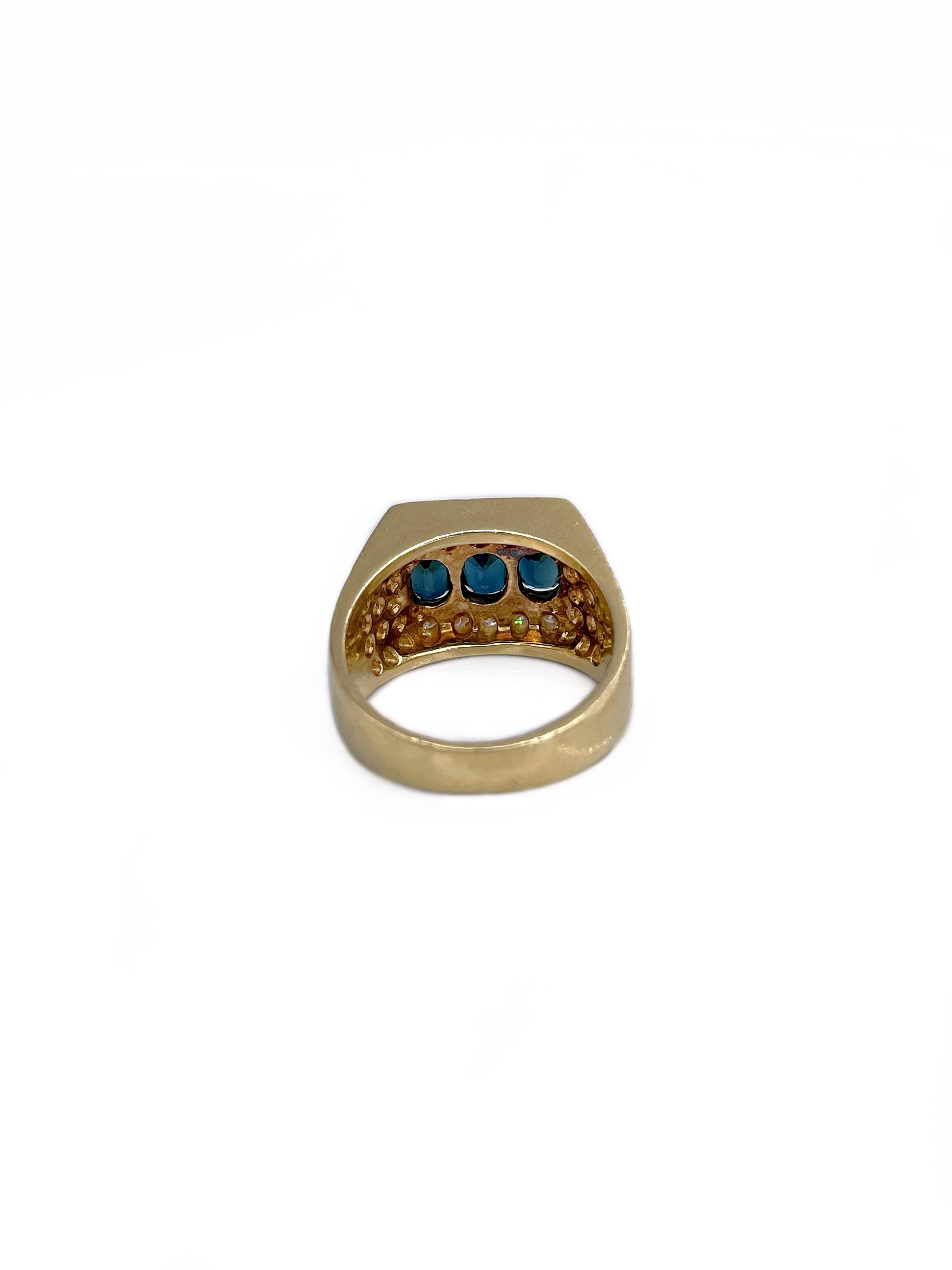 Mixed Cut Vintage 18 Karat Gold 1.00 Carat Sapphire 0.73 Carat Diamond Three Stone Ring For Sale