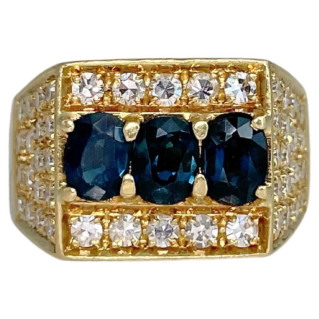 Vintage 18 Karat Gold 1.00 Carat Sapphire 0.73 Carat Diamond Three Stone Ring For Sale