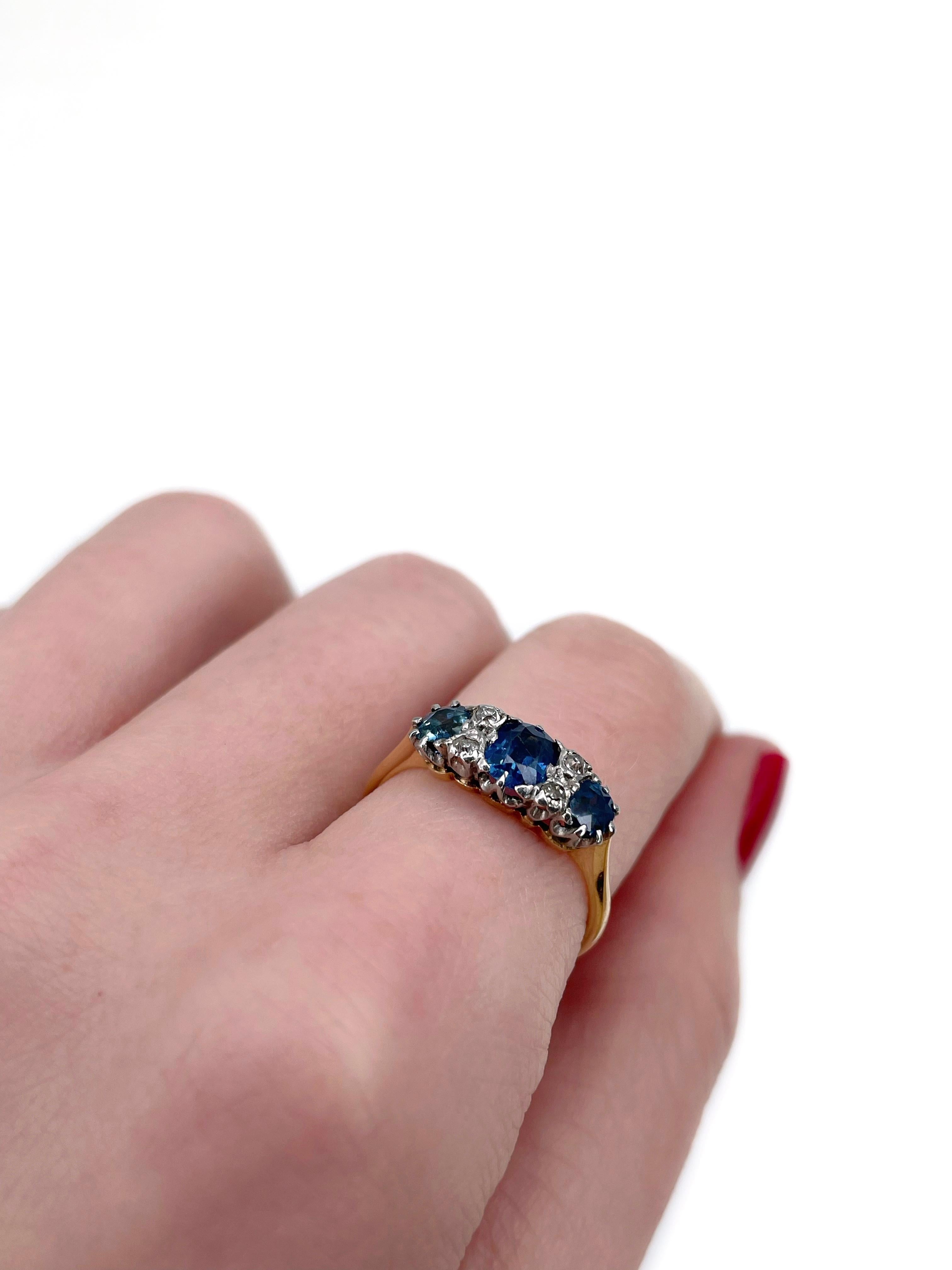Mixed Cut Vintage 18 Karat Gold 1.10 Carat Sapphire 0.11 Carat Diamond Three-Stone Ring