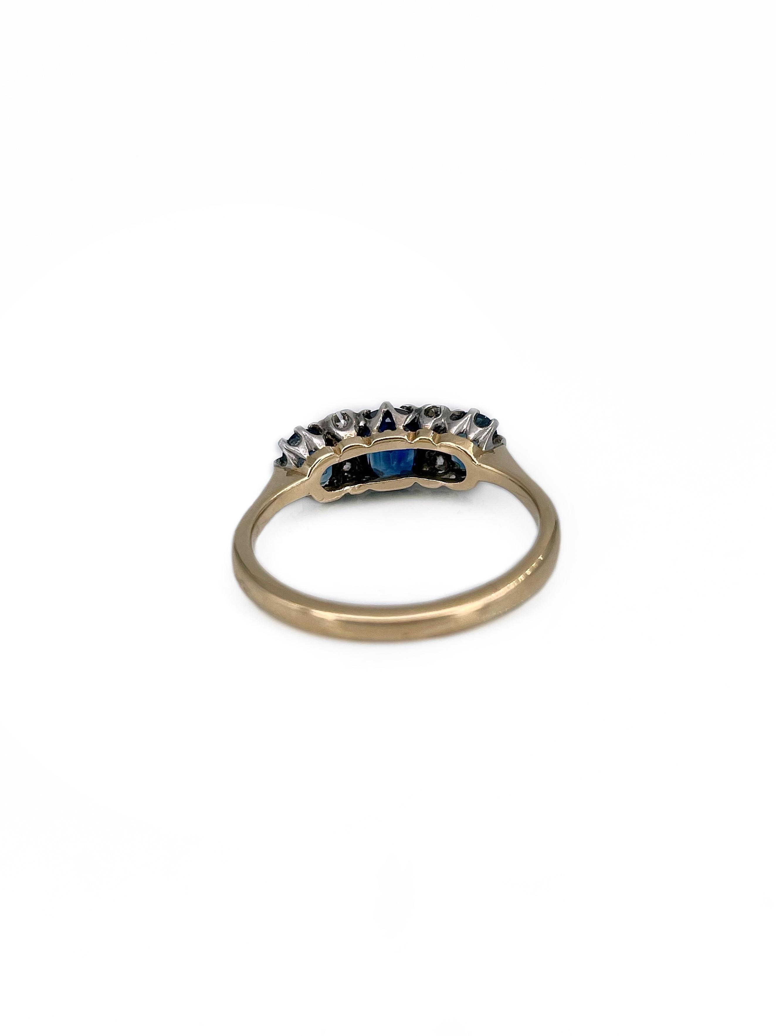 Women's Vintage 18 Karat Gold 1.10 Carat Sapphire 0.11 Carat Diamond Three-Stone Ring