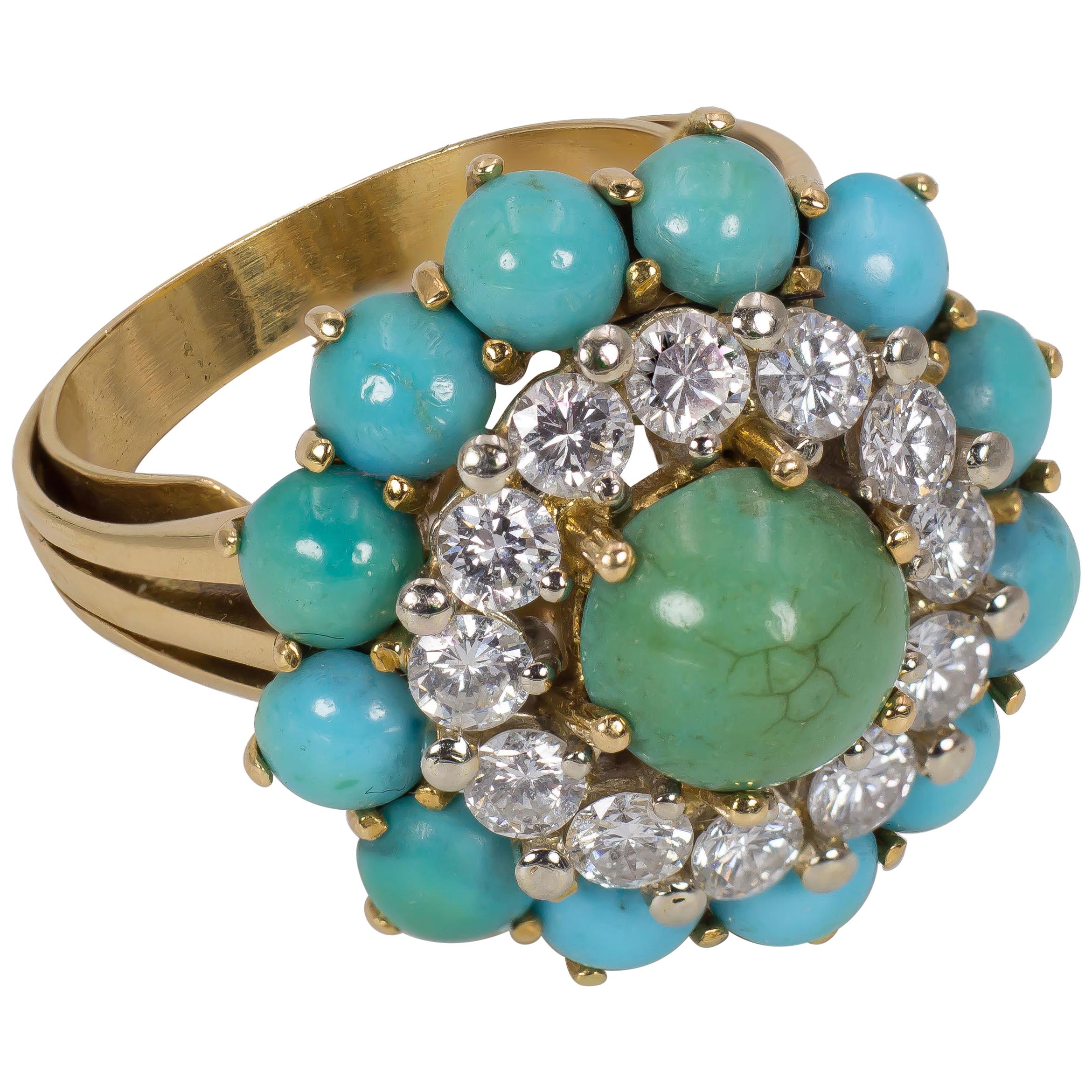 Vintage 18 Karat Gold, 1.2 Carat Diamond and Turquoise Ring, 1960s For Sale