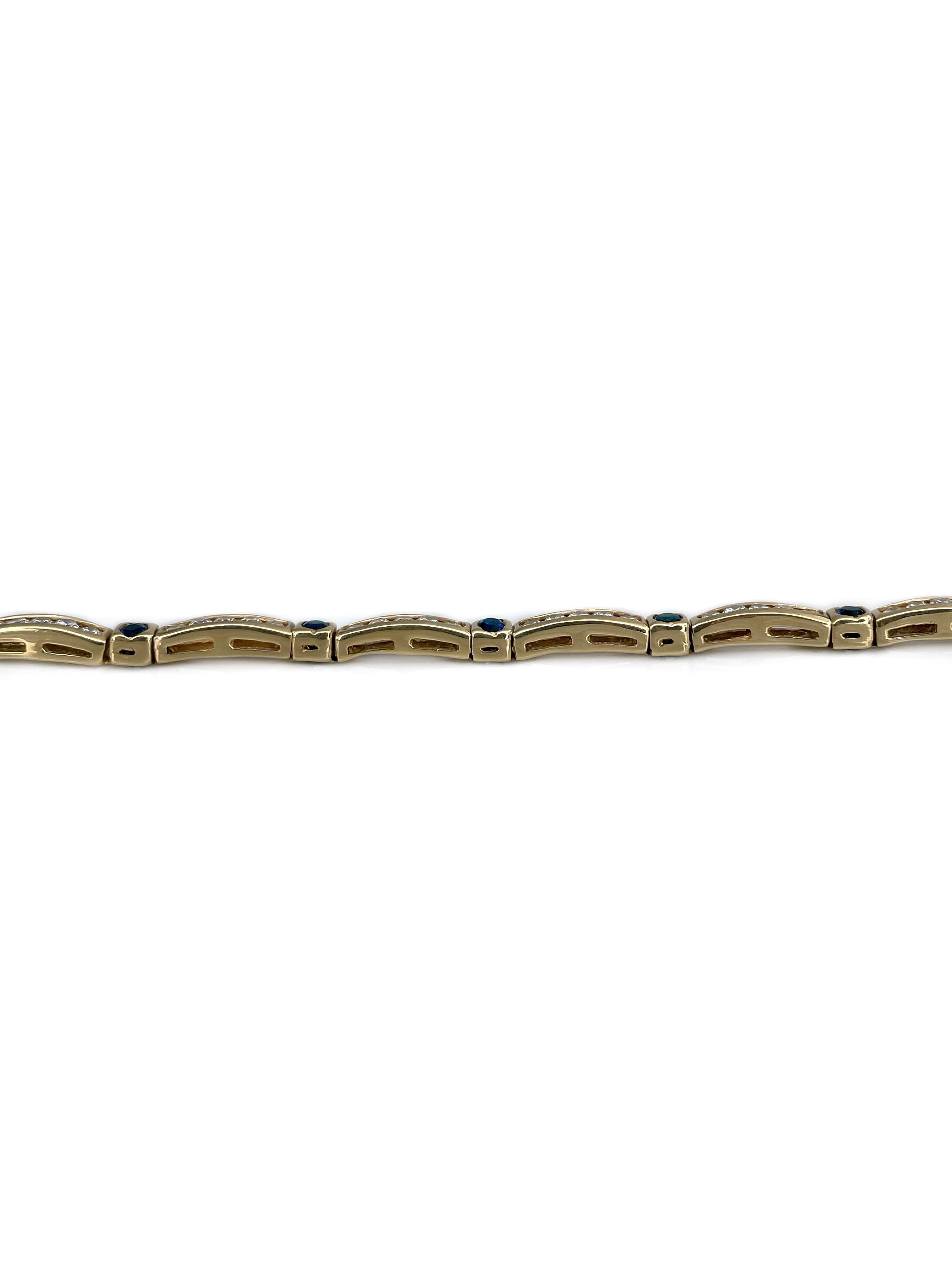 Taille ronde Bracelet tennis vintage en or 18 carats avec diamants 1,20 carat et saphirs 0,75 carat en vente