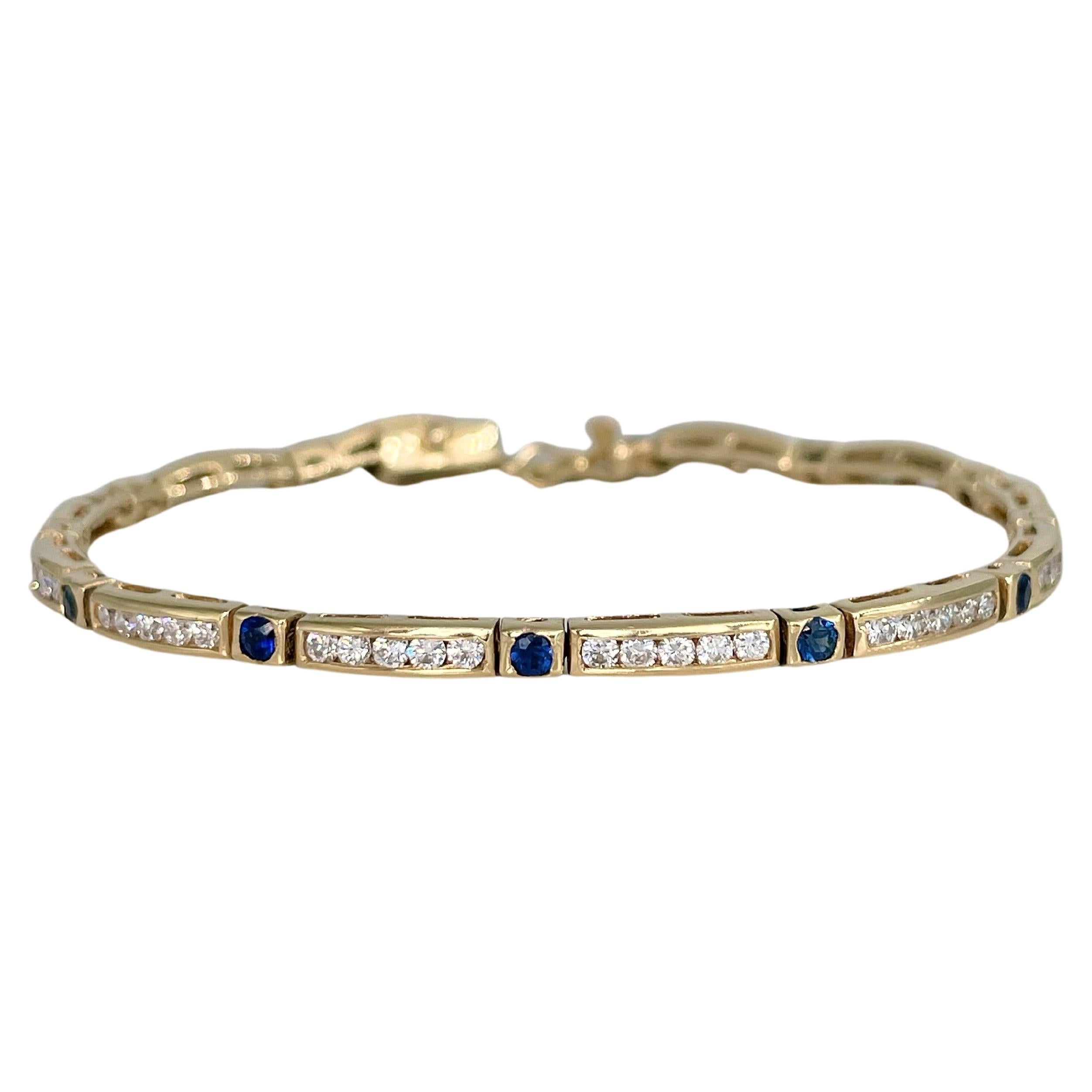 Bracelet tennis vintage en or 18 carats avec diamants 1,20 carat et saphirs 0,75 carat
