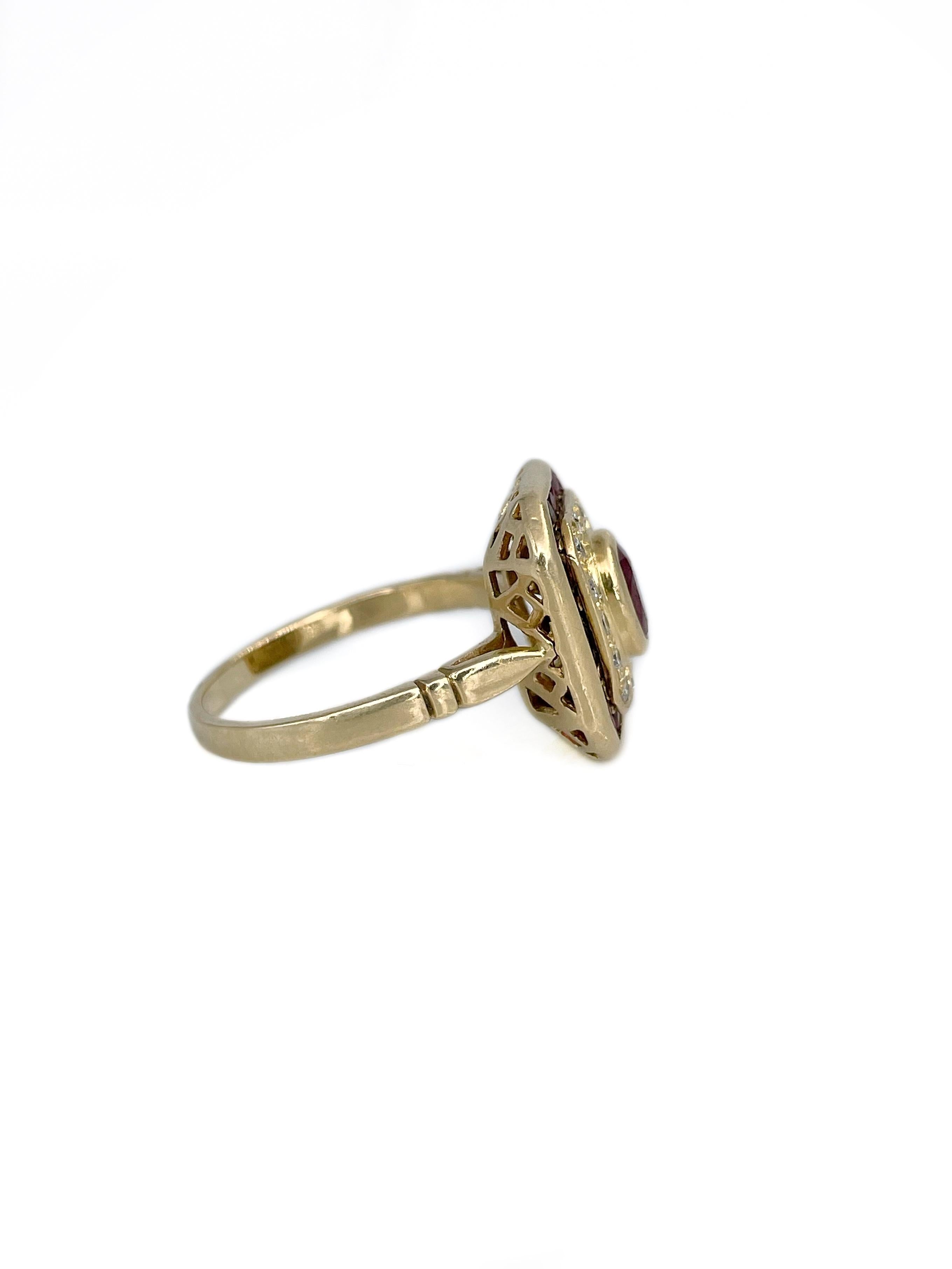 Taille mixte Bague cocktail vintage en or 18 carats avec rubis 1,25 carat et diamants 0,20 carat