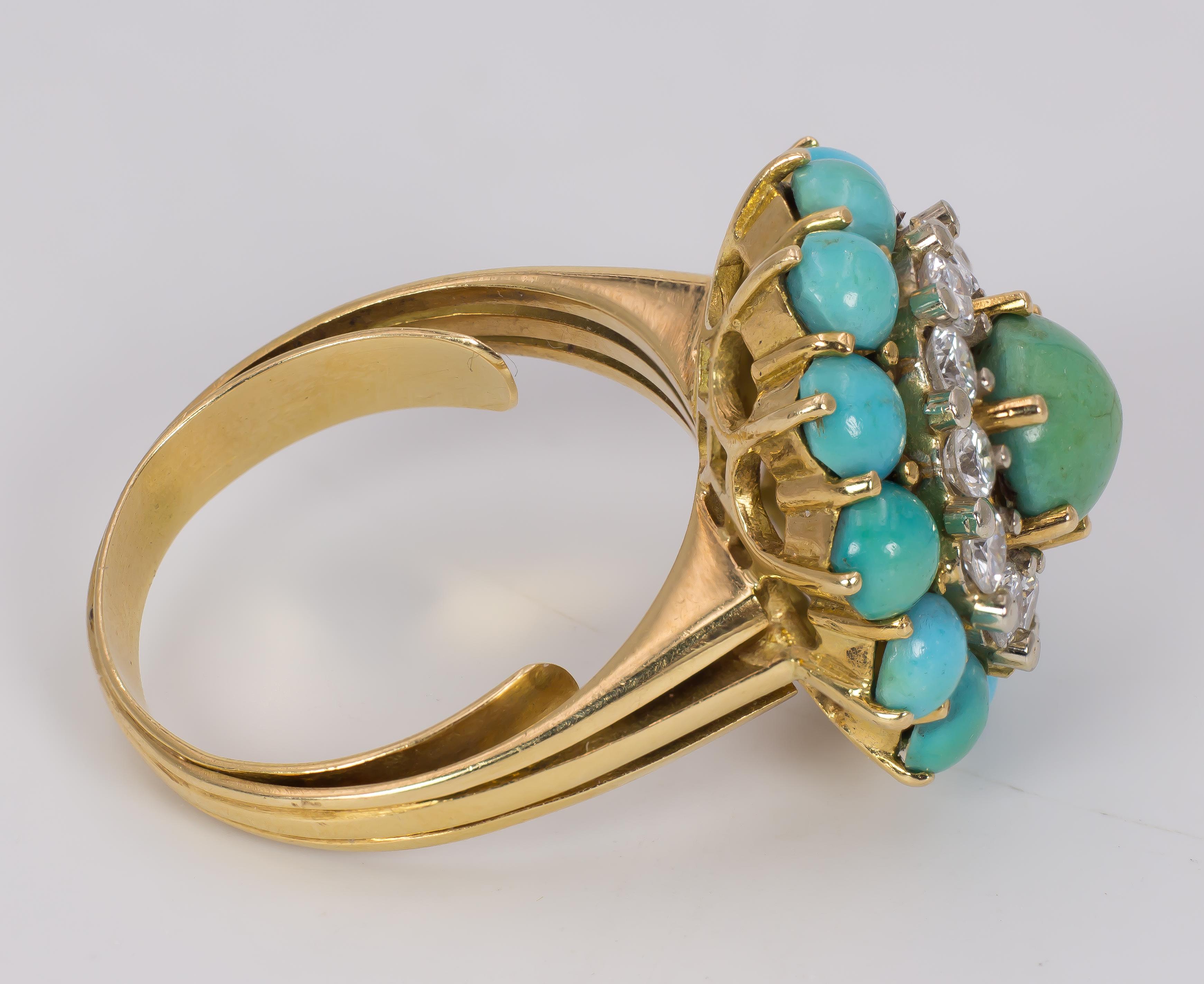 Round Cut Vintage 18 Karat Gold, 1.2 Carat Diamond and Turquoise Ring, 1960s For Sale
