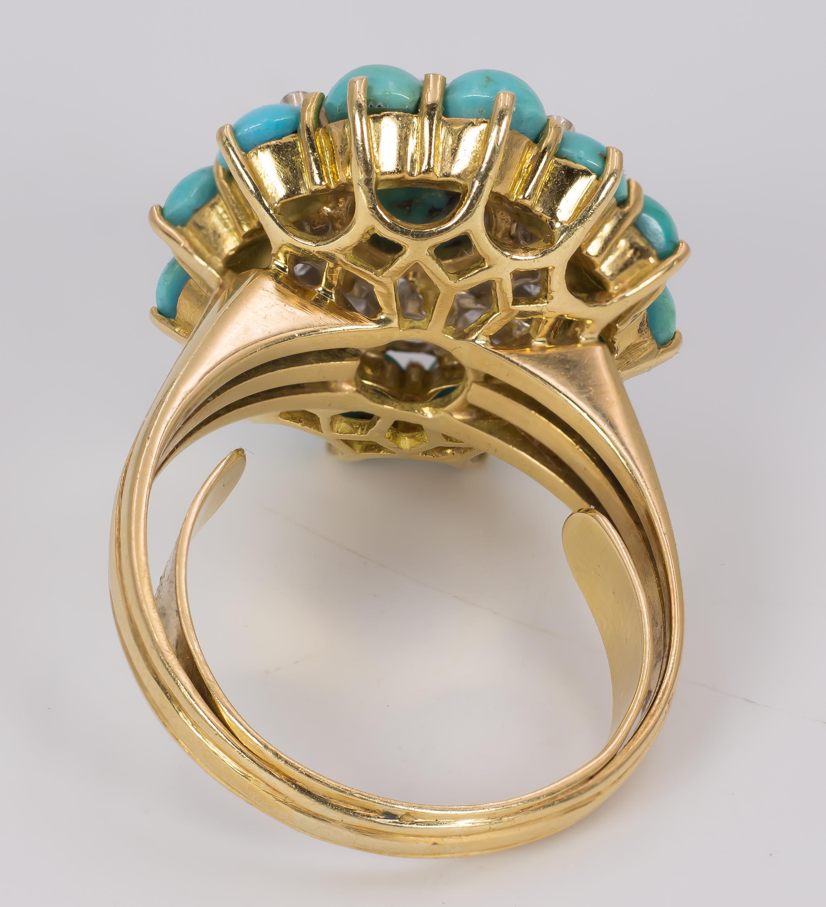 Vintage 18 Karat Gold, 1.2 Carat Diamond and Turquoise Ring, 1960s In Good Condition For Sale In Bologna, IT