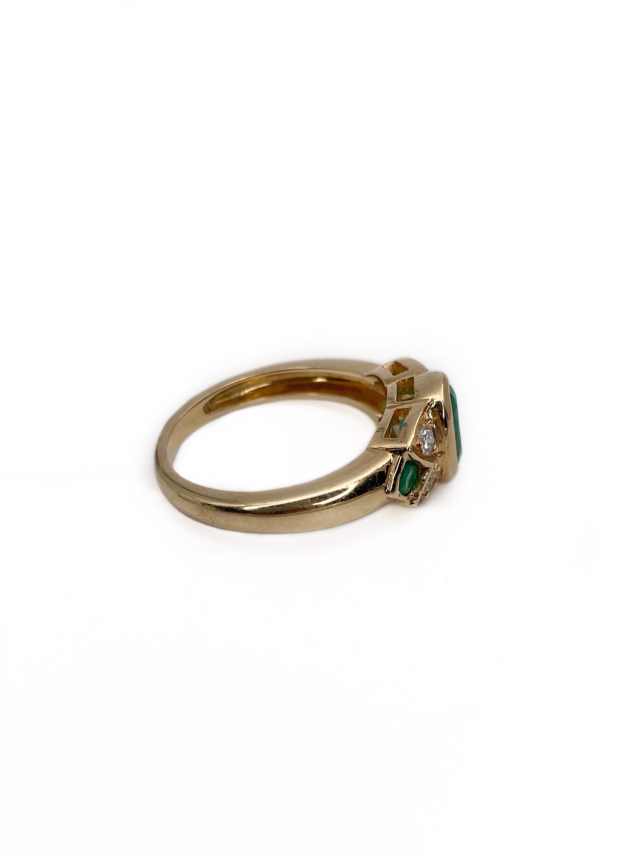 This is an amazing vintage band ring crafted in 18K yellow gold. The piece features 3 emeralds: 1.33ct, vstbG 3/6, SI-I1, F.  The gems are paired with 4 brilliant cut diamonds: 0.18ct, RW-W, P1.

Weight: 4.37g
Size: 16.5 (US6)

IMPORTANT: please ask