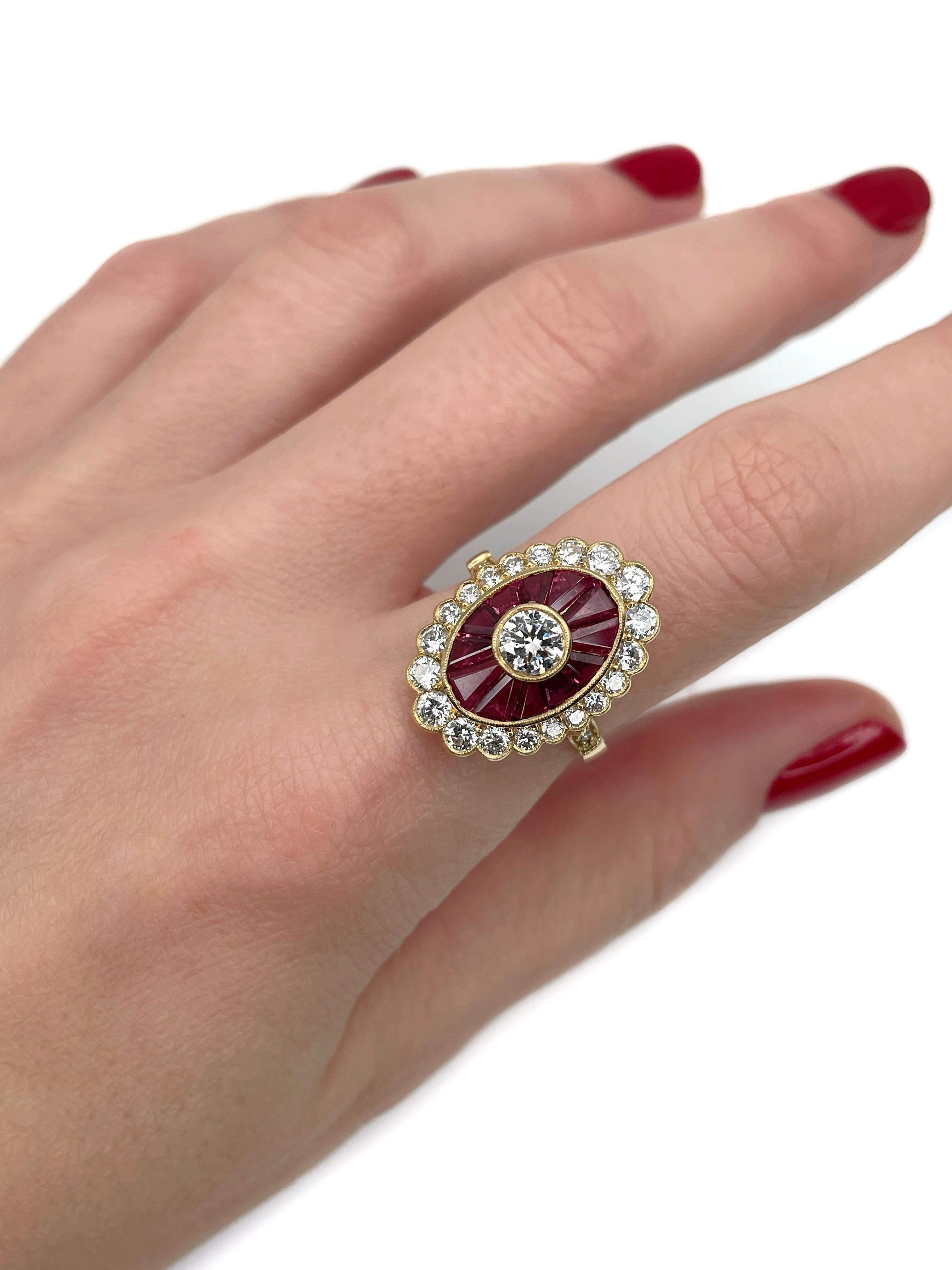 Se trata de un anillo de racimo vintage elaborado en oro amarillo de 18 quilates. Alrededor de 1980. 

Presenta:
- 12 rubíes, talla baguette, TW 1,40ct, slpR 7/4, VS-SI
- 1 diamante, talla brillante redondo, 0,45ct, RW-W, VS2
- 27 diamantes, talla