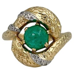 Vintage 18 Karat Gold 1.50 Carat Cabochon Cut Emerald Diamond Double Snake Ring