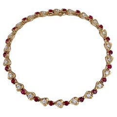 Vintage 18 Karat Gold 1.50 Carat Ruby 1.10 Carat Diamond Heart Tennis Bracelet