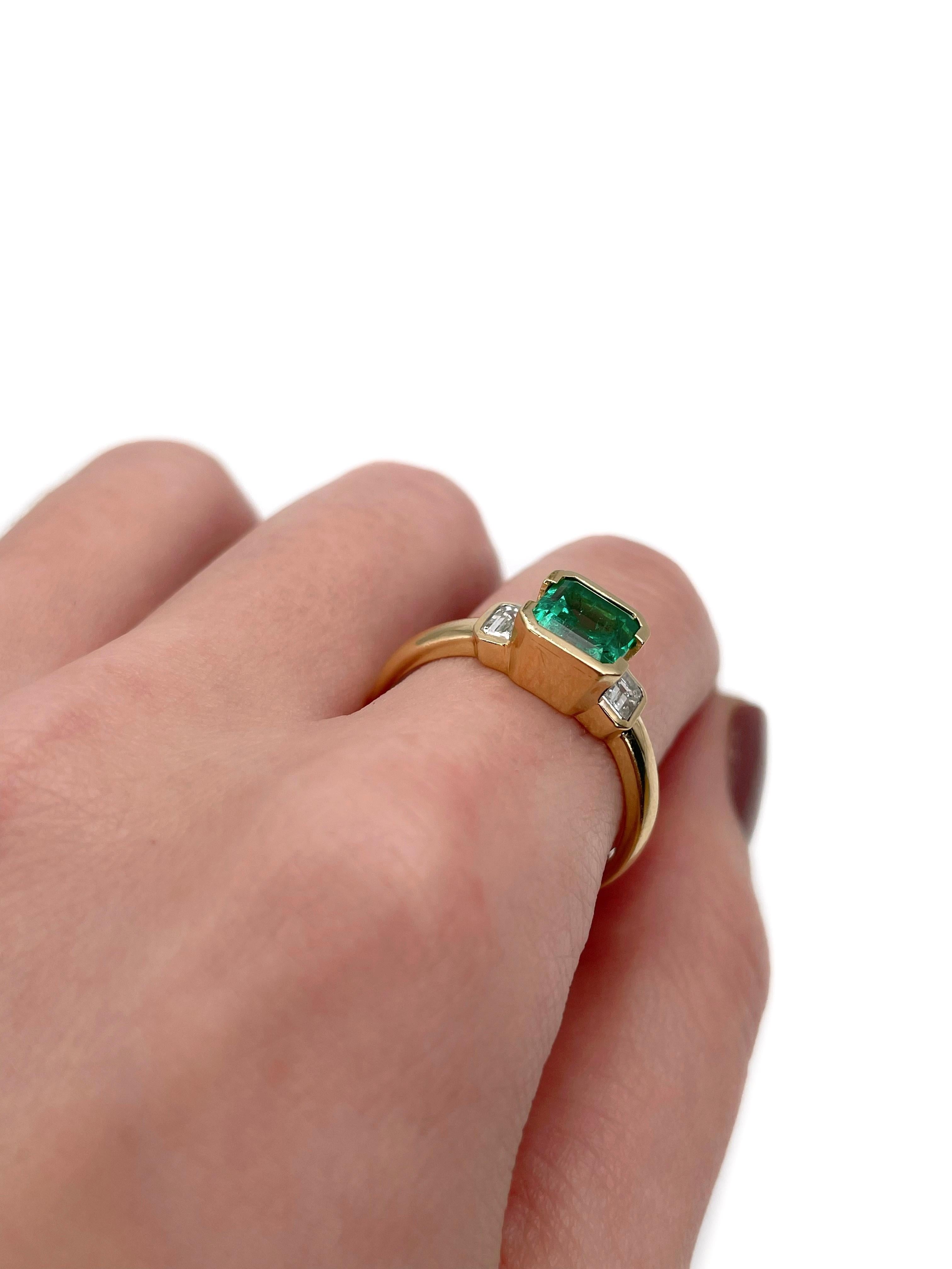 Emerald Cut Vintage 18 Karat Gold 1.60 Carat SI Emerald 0.42 Carat Diamond Three-Stone Ring For Sale