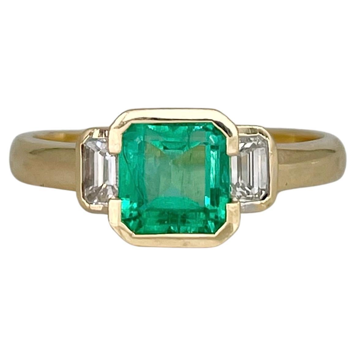 Vintage 18 Karat Gold 1.60 Carat SI Emerald 0.42 Carat Diamond Three-Stone Ring