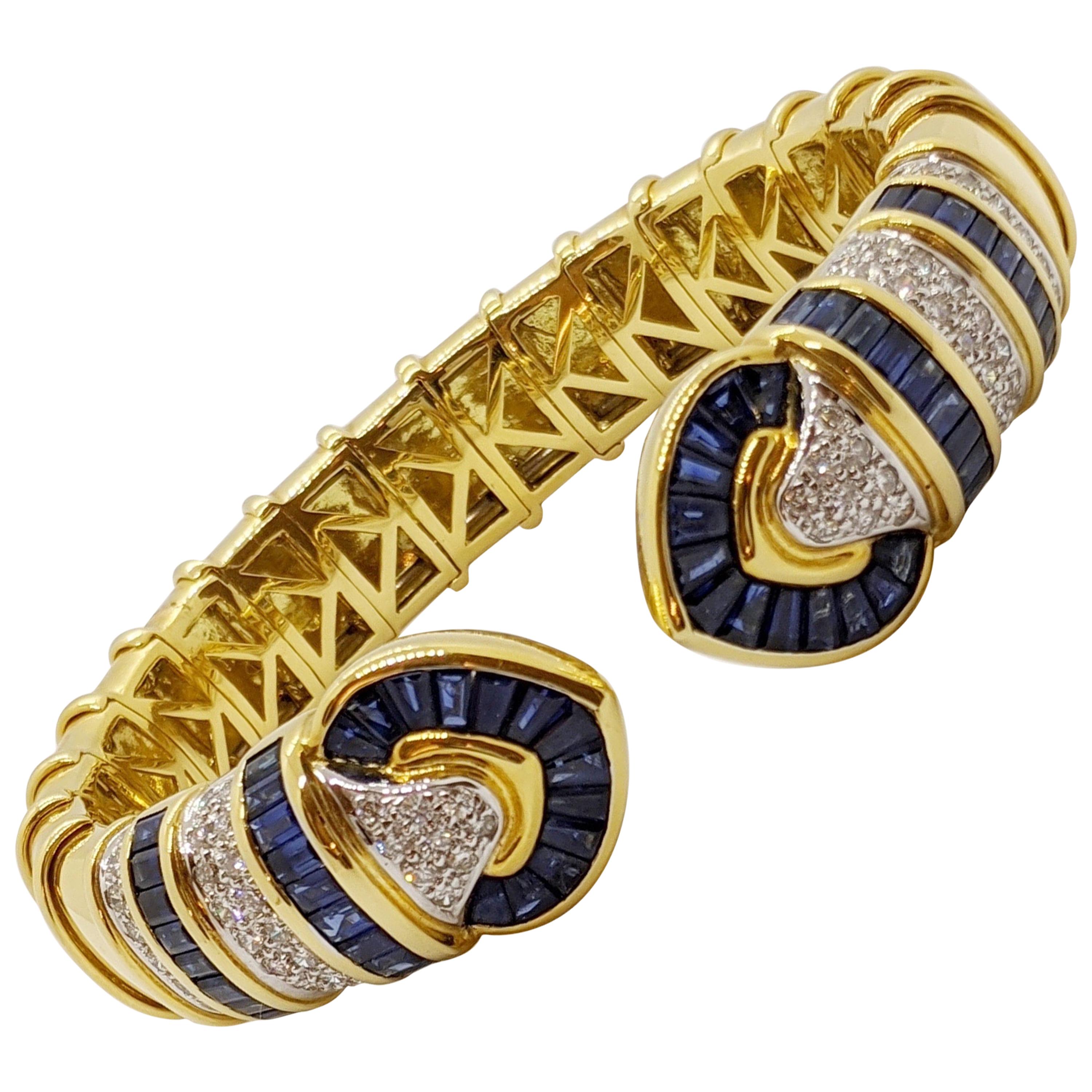 Vintage 18 Karat Gold 1.74 Carat Diamond and 9.87Ct. Blue Sapphire Cuff Bracelet For Sale