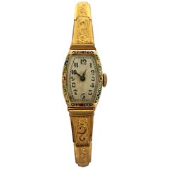 Vintage 18 Karat Gold 1920s Enamel Mechanical Ladies Watch