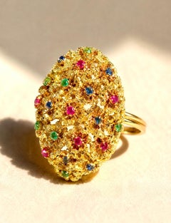 Vintage 18 Karat Gold 21 Flower Ruby Sapphire Emerald Sculptural Ring