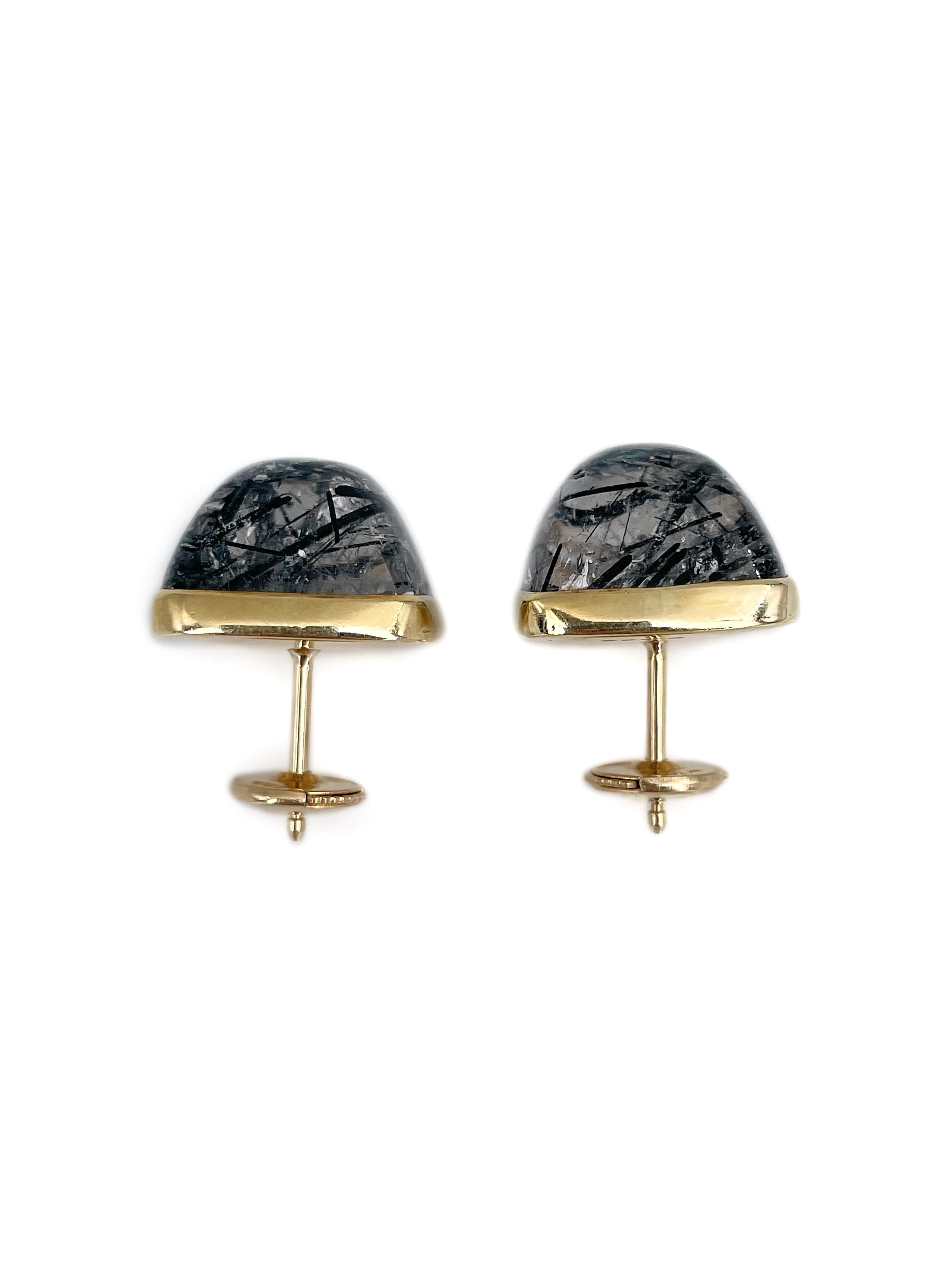 Cabochon Vintage 18 Karat Gold 26.46 Carat Black Rutile Quartz Venus Hair Stud Earrings