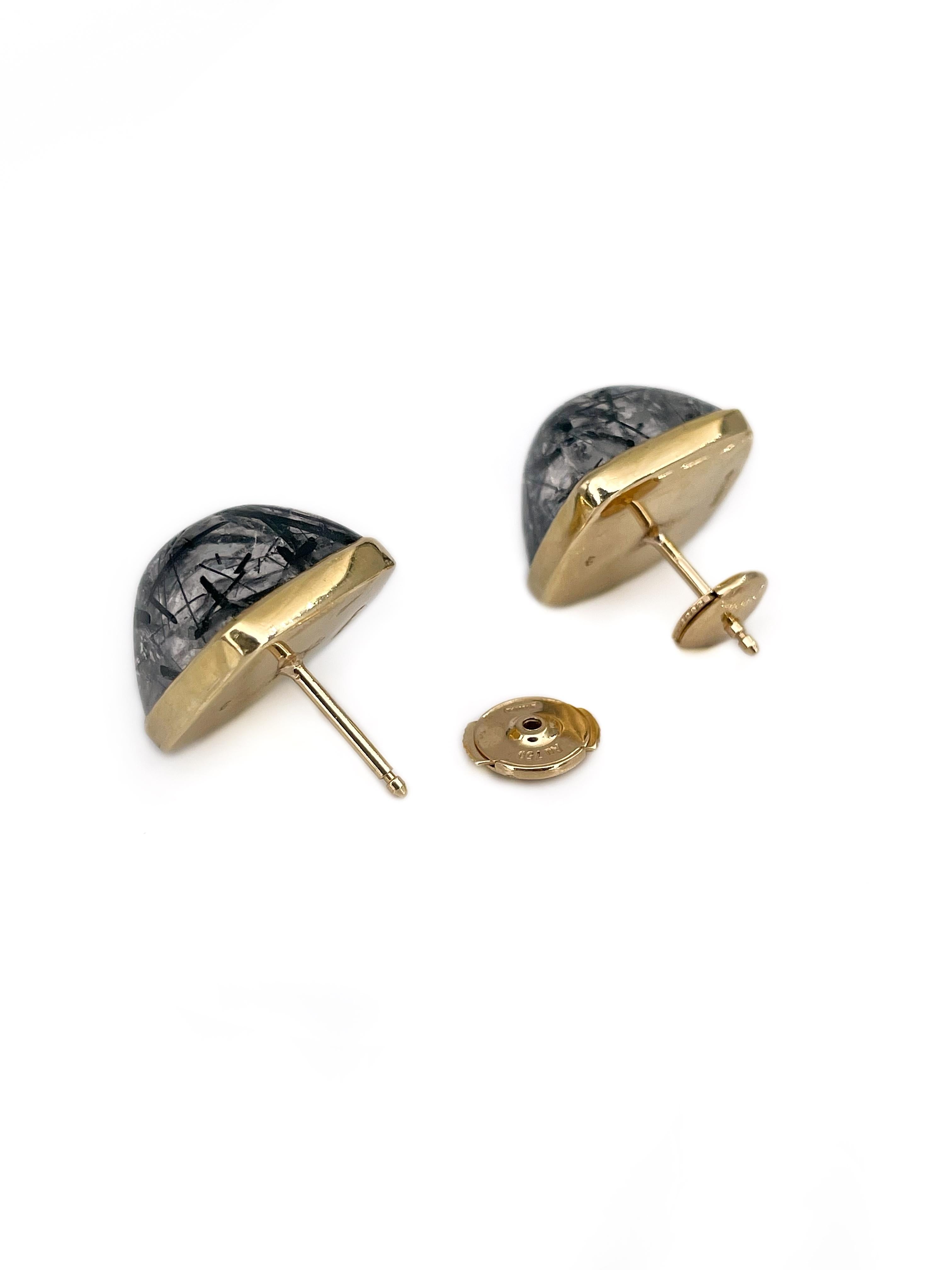 Vintage 18 Karat Gold 26.46 Carat Black Rutile Quartz Venus Hair Stud Earrings In Good Condition In Vilnius, Vilniaus apskr.