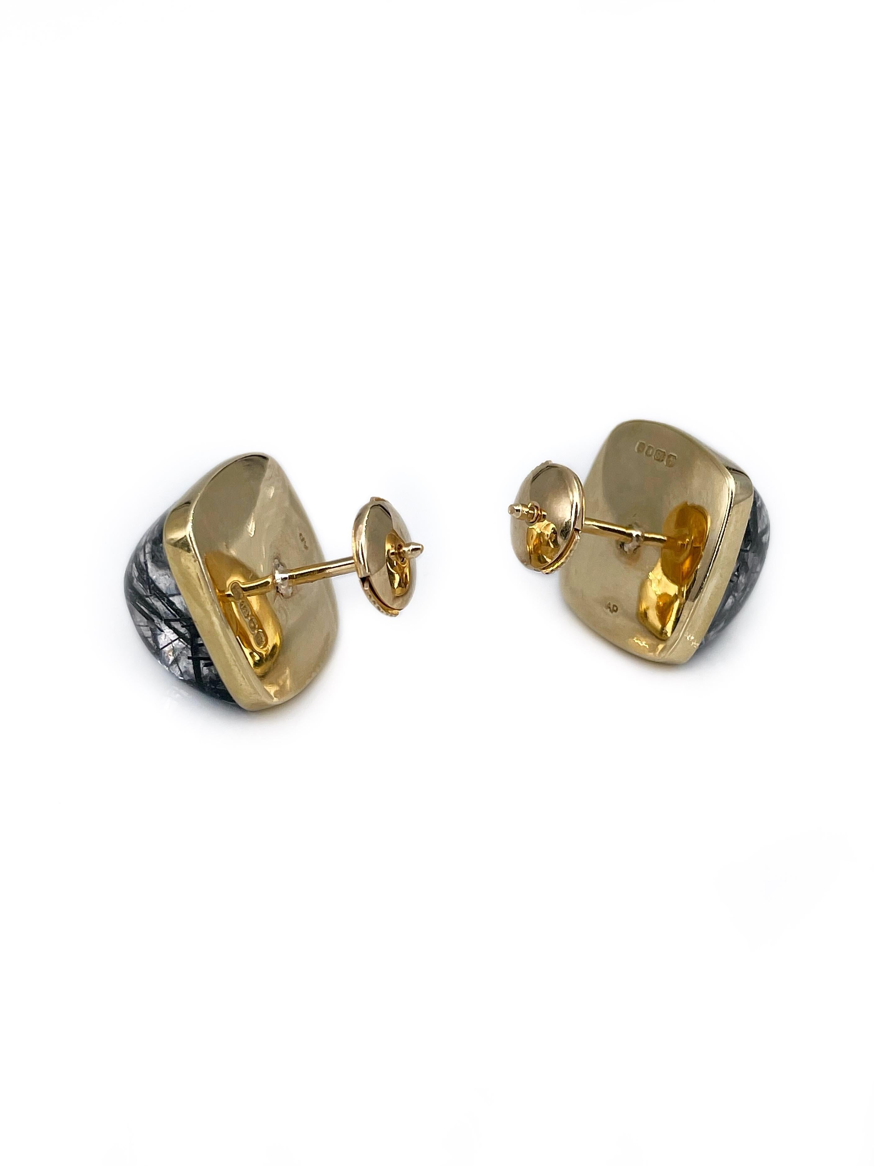 Women's Vintage 18 Karat Gold 26.46 Carat Black Rutile Quartz Venus Hair Stud Earrings
