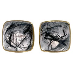 Vintage 18 Karat Gold 26.46 Carat Black Rutile Quartz Venus Hair Stud Earrings
