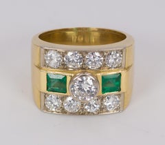 Vintage 18 Karat Gold, 2 Carat Diamond and Emerald Ring, 1960s