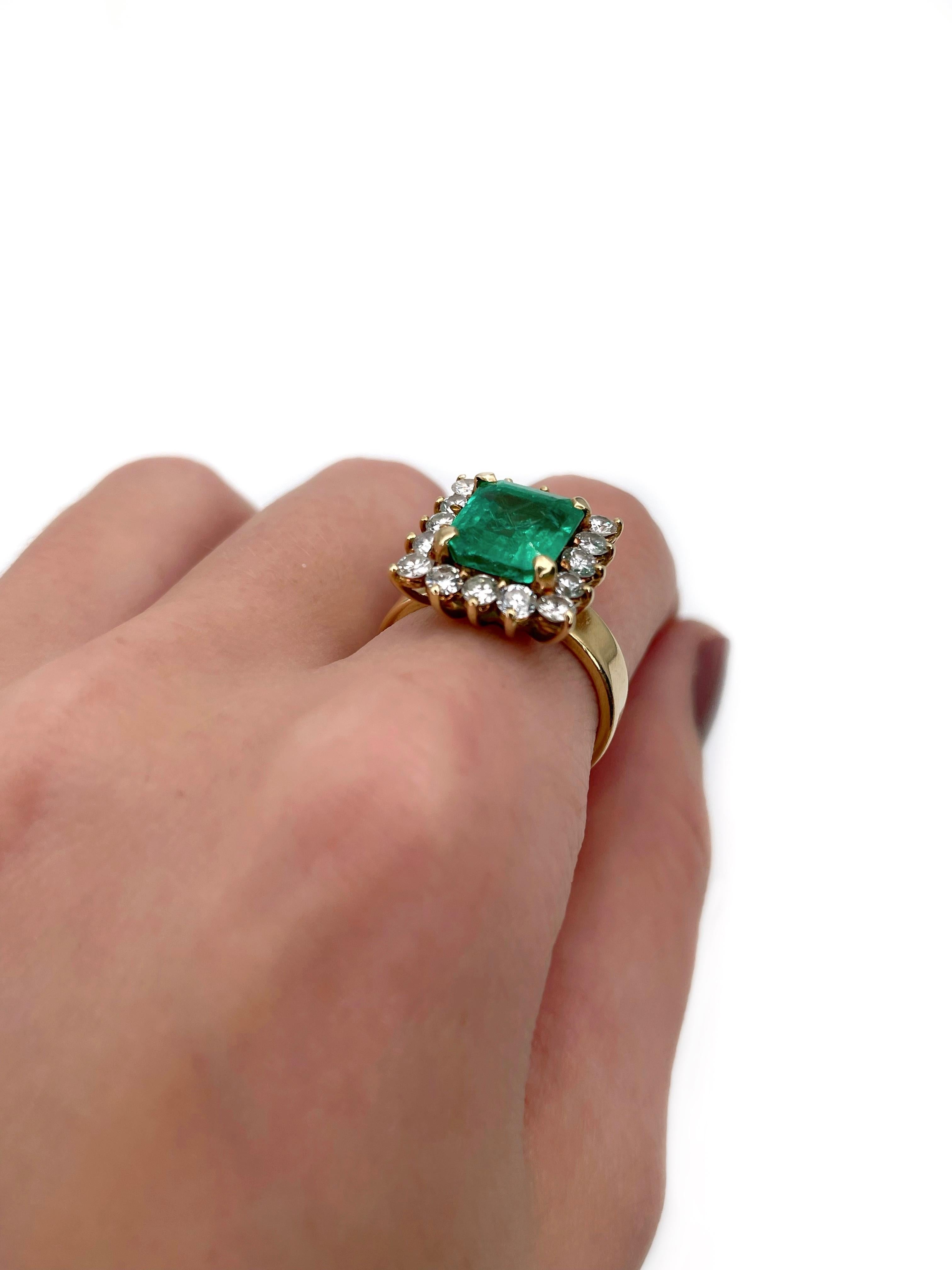 Modern Vintage 18 Karat Gold 3.00 Carat Emerald 1.20 Carat Diamond Cluster Ring For Sale