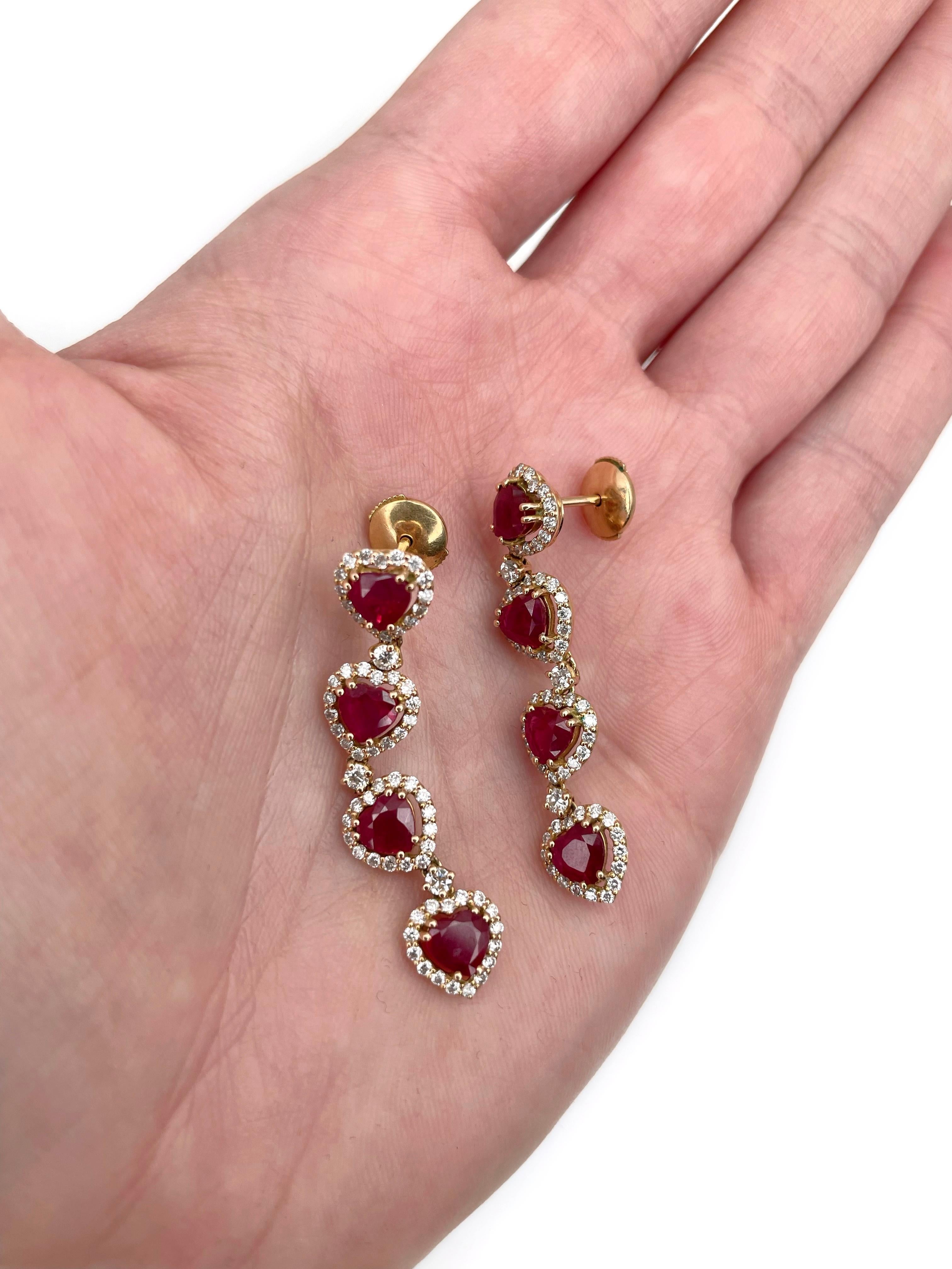 Modern Vintage 18 Karat Gold 4.70 Carat Ruby 0.75 Carat Diamond Drop Stud Earrings For Sale