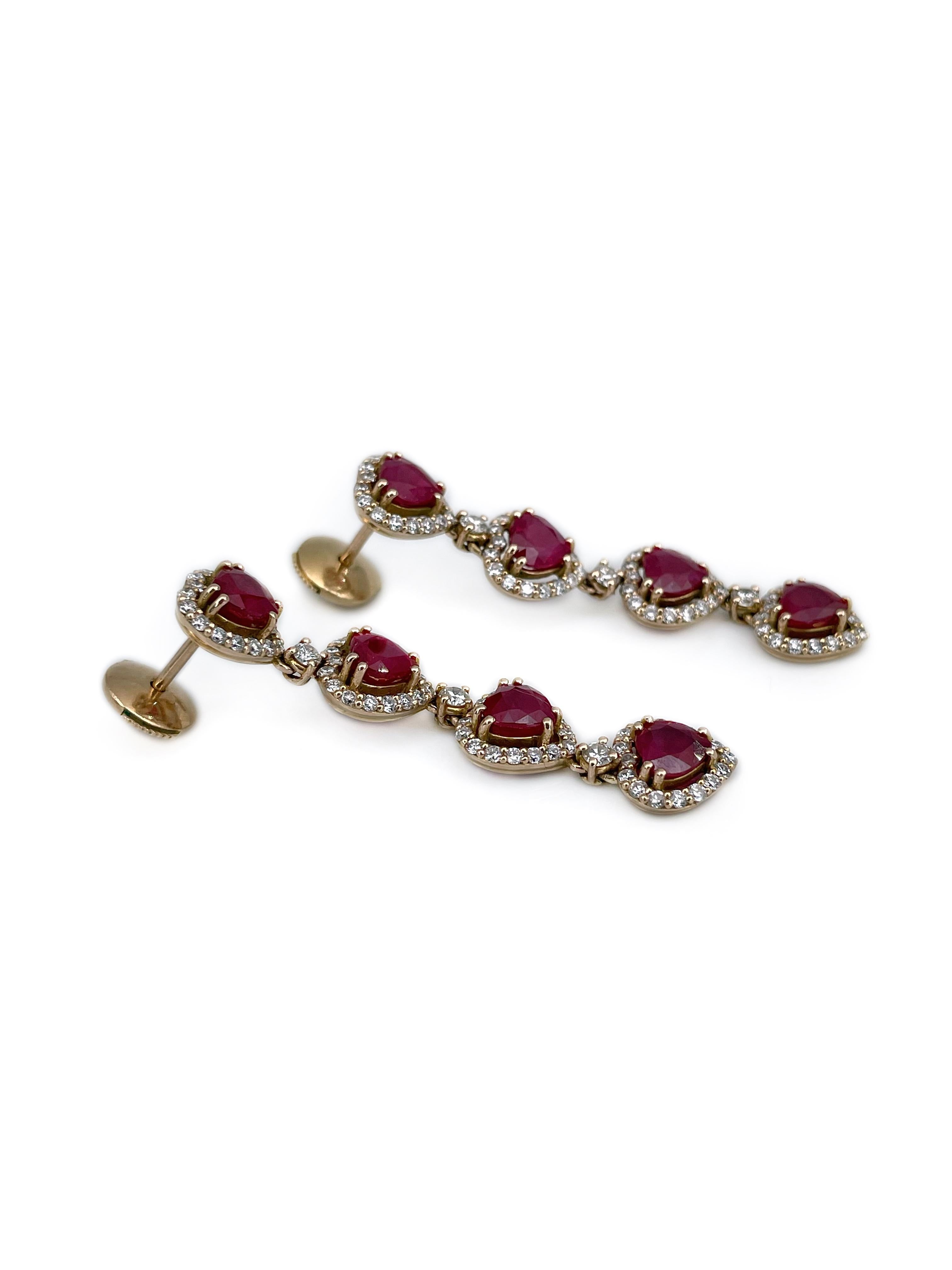 Mixed Cut Vintage 18 Karat Gold 4.70 Carat Ruby 0.75 Carat Diamond Drop Stud Earrings For Sale