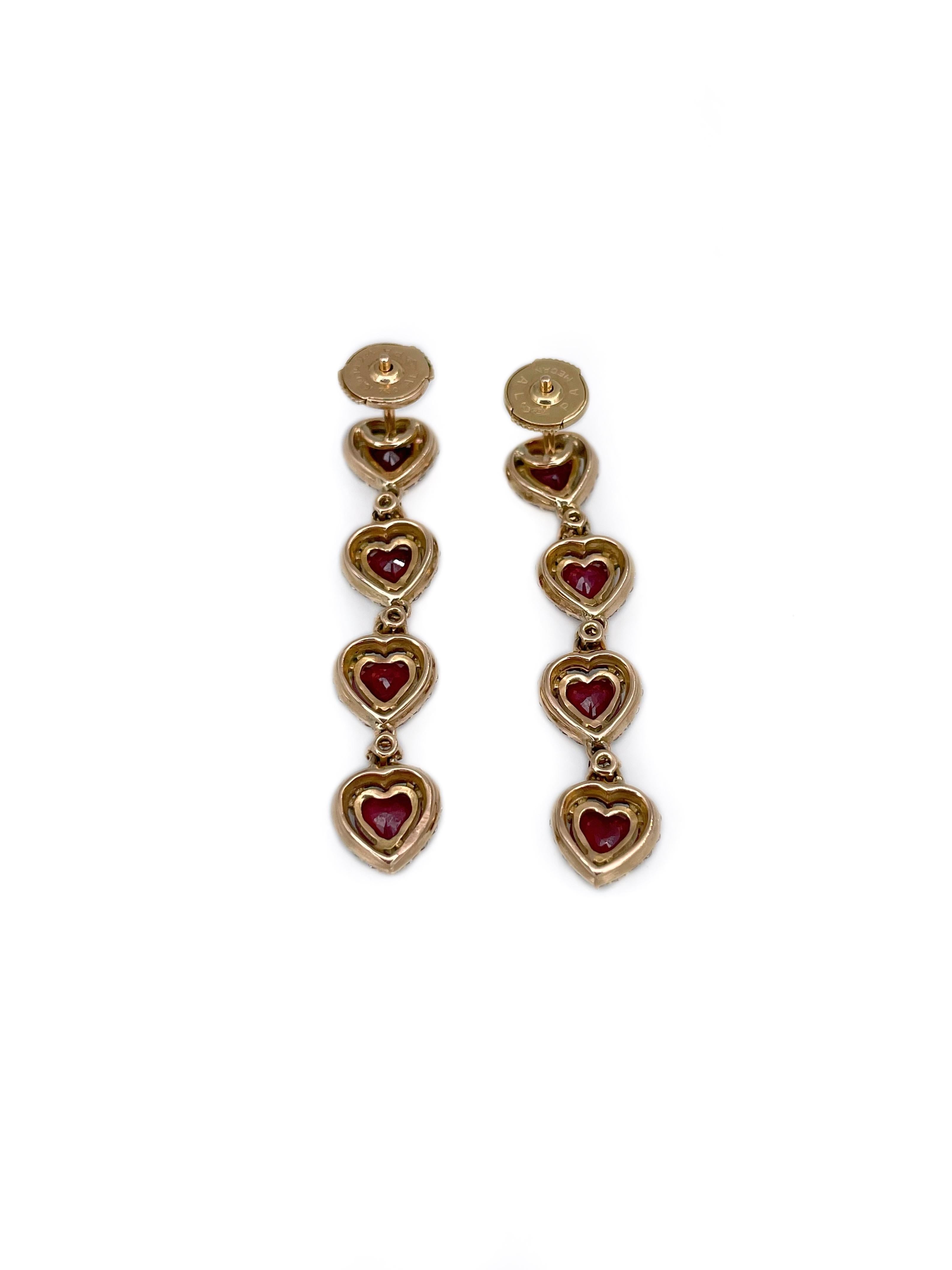 Vintage 18 Karat Gold 4.70 Carat Ruby 0.75 Carat Diamond Drop Stud Earrings In Good Condition For Sale In Vilnius, Vilniaus apskr.