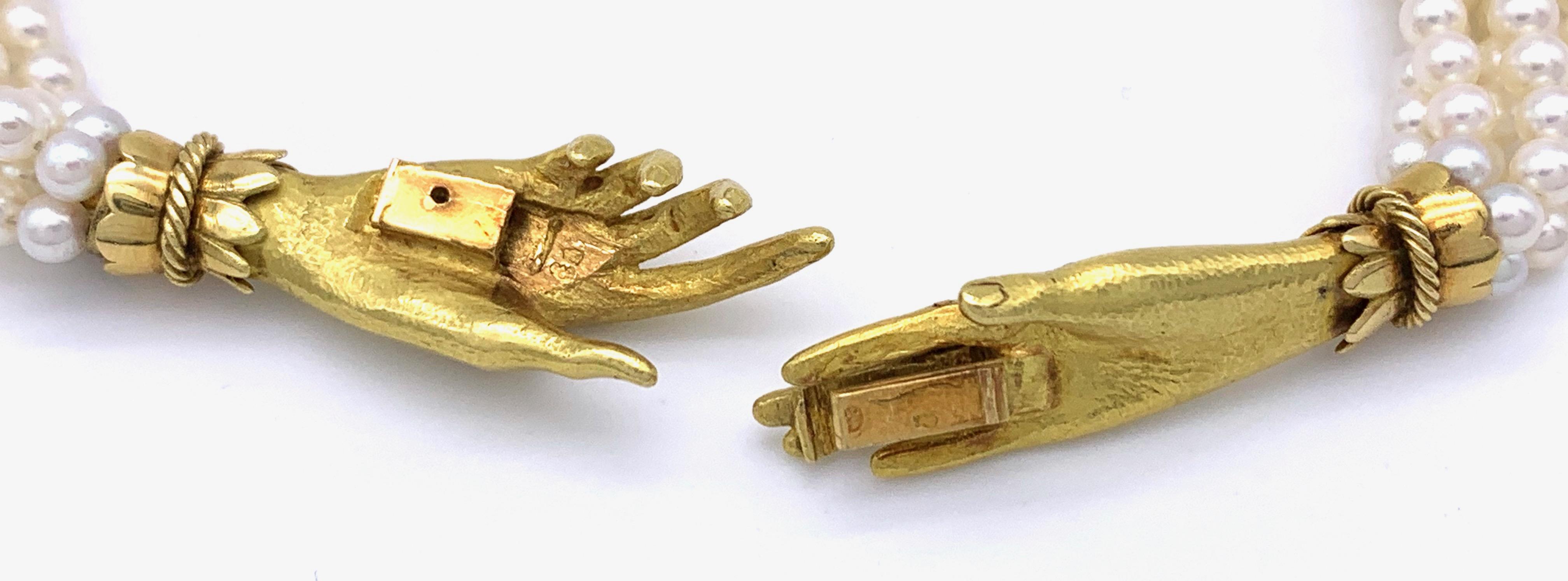 Women's Vintage 18 Karat Gold Akoya Pearls Joined Hands Lovetoken Multistrand Necklace
