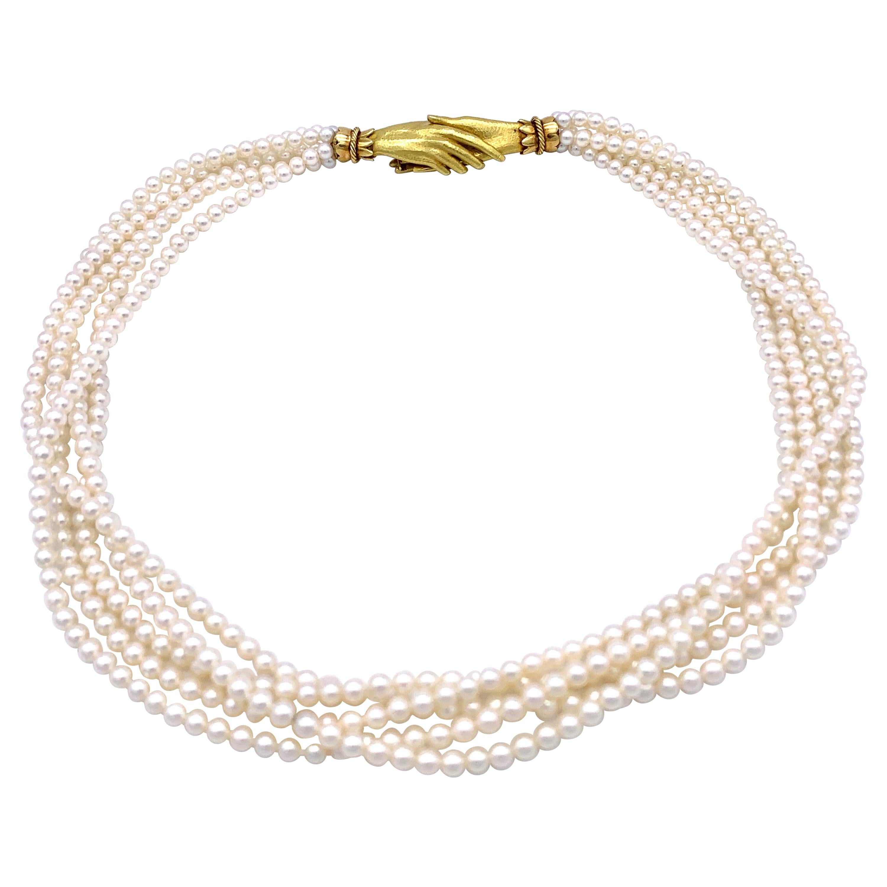 Vintage 18 Karat Gold Akoya Pearls Joined Hands Lovetoken Multistrand Necklace