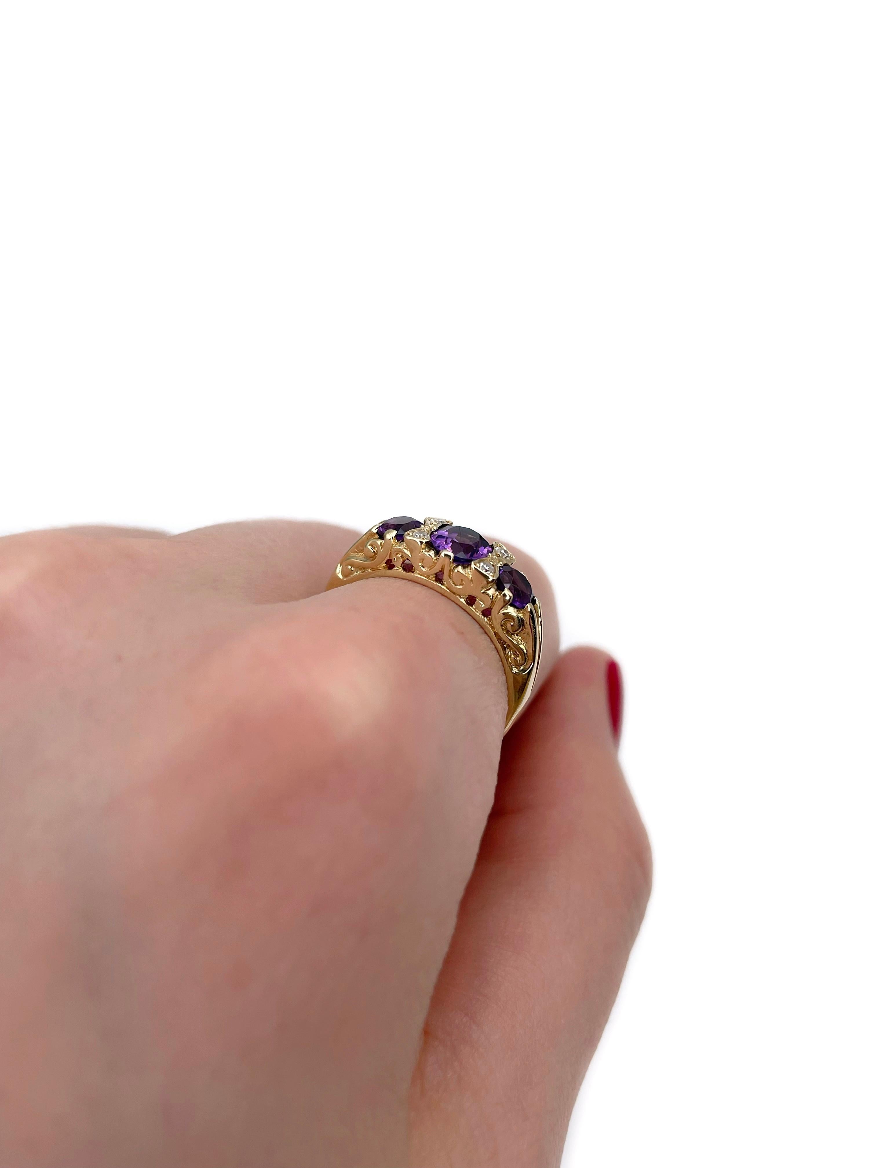 Taglio misto Anello vintage a tre pietre con ametista e diamante in oro 18 carati in vendita