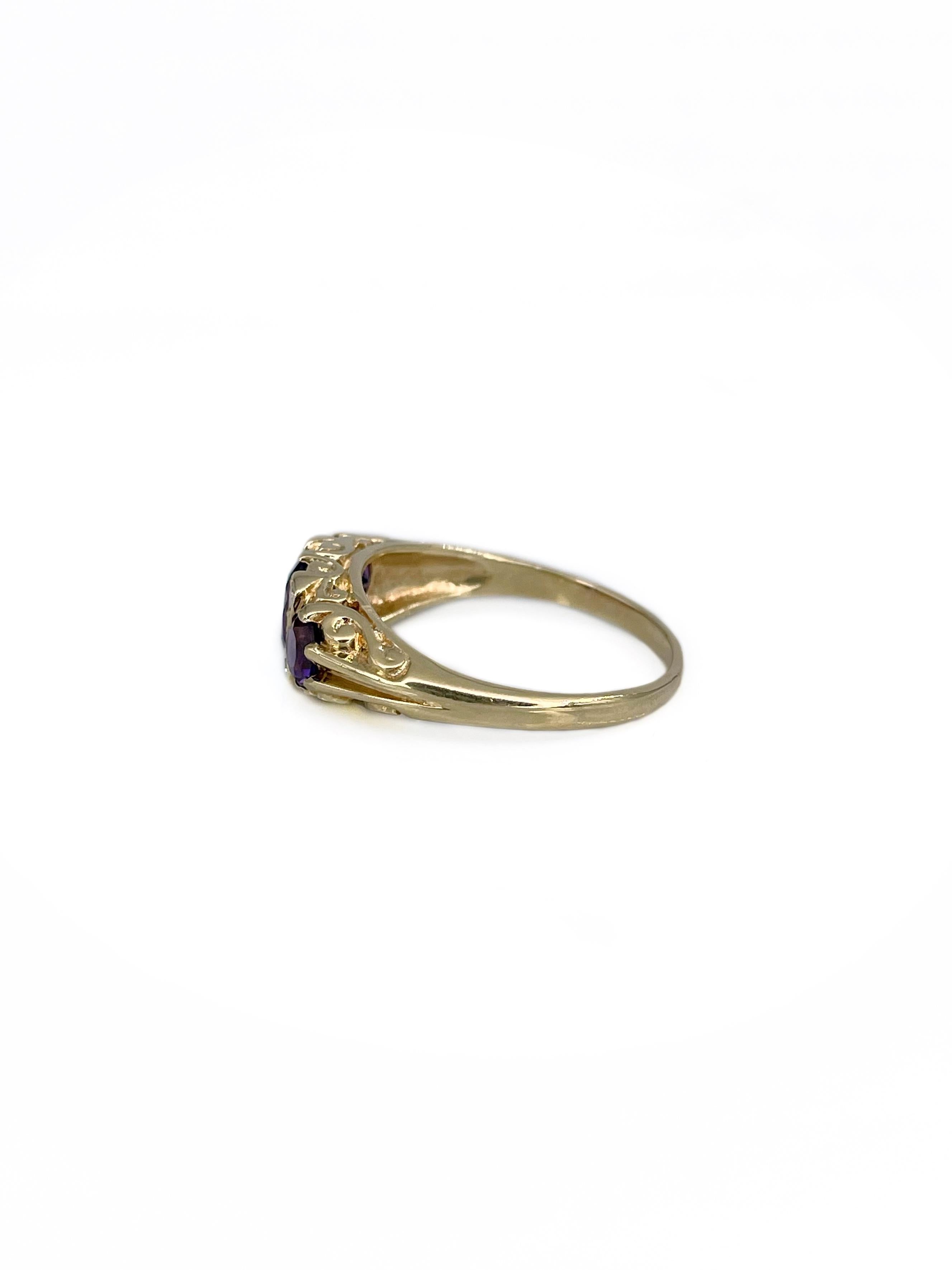 Anello vintage a tre pietre con ametista e diamante in oro 18 carati In condizioni buone in vendita a Vilnius, Vilniaus apskr.