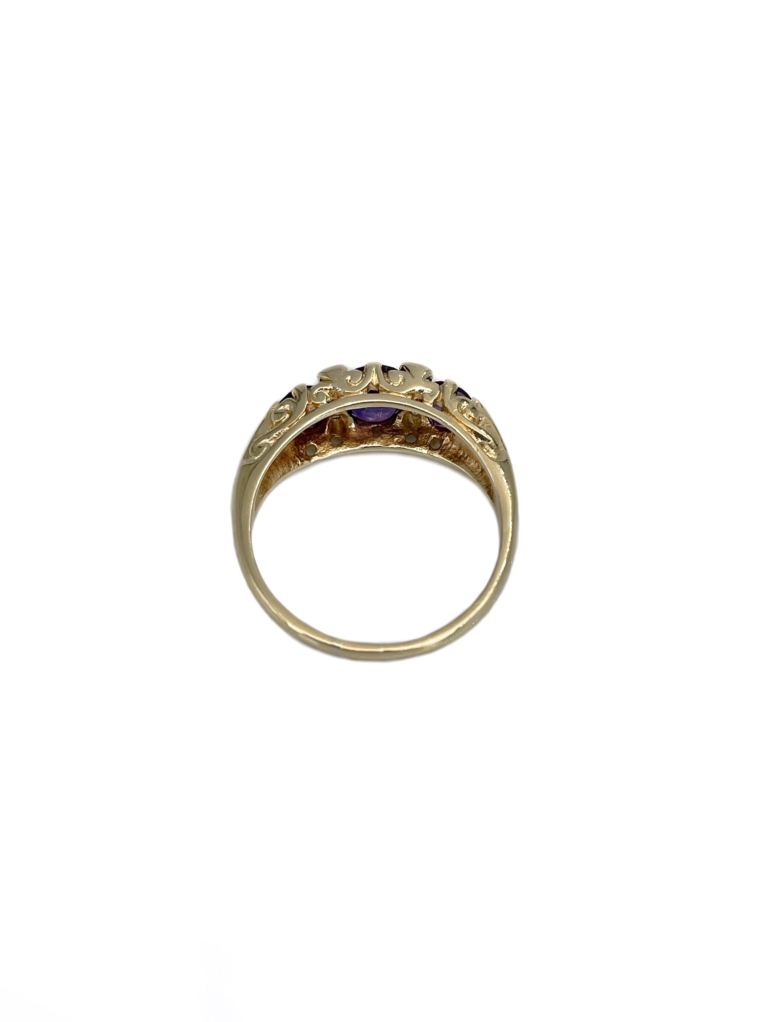 Donna Anello vintage a tre pietre con ametista e diamante in oro 18 carati in vendita