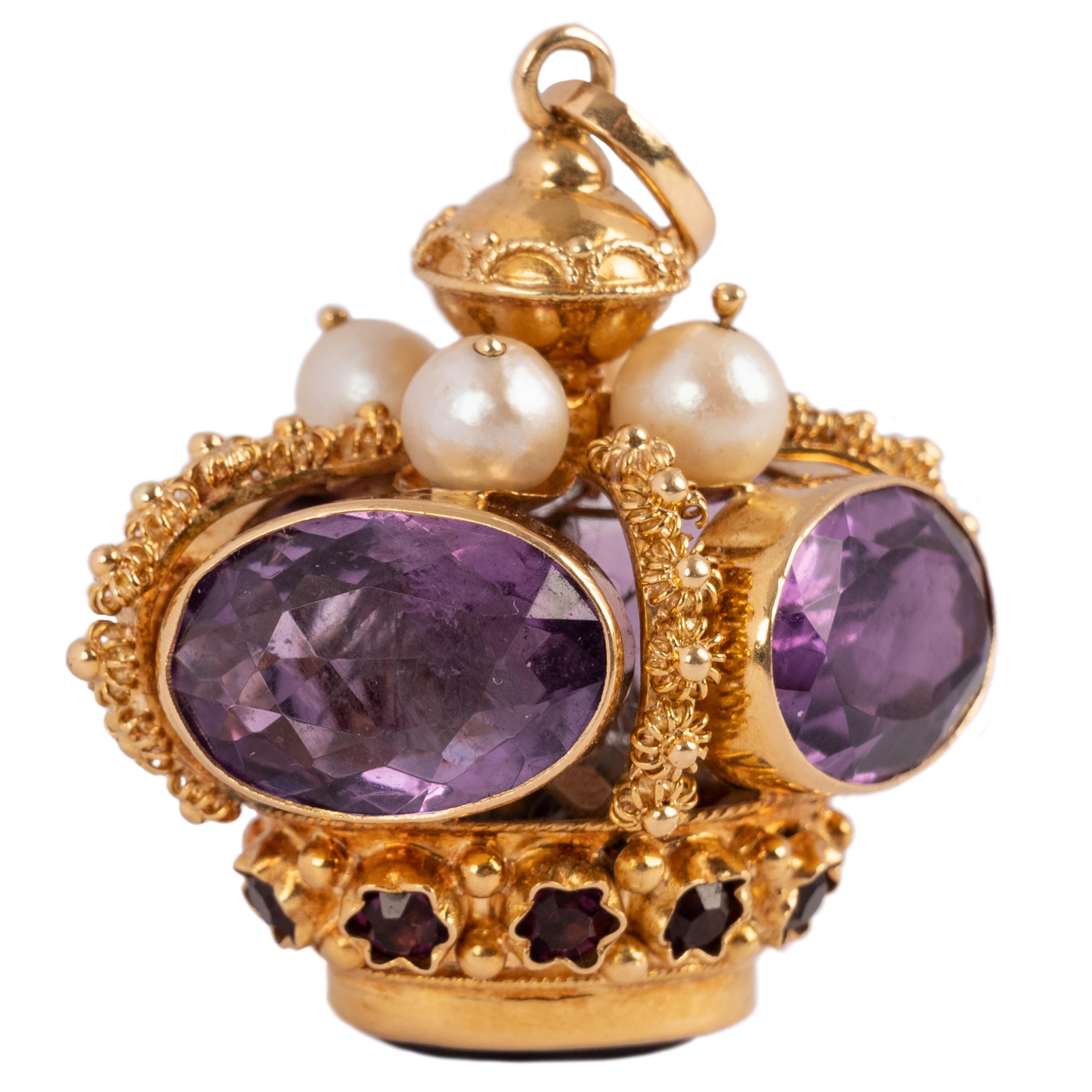 Modern  Vintage 18 Karat Gold Amethyst & Natural Pearl Royal Crown Jewel Pendant  For Sale