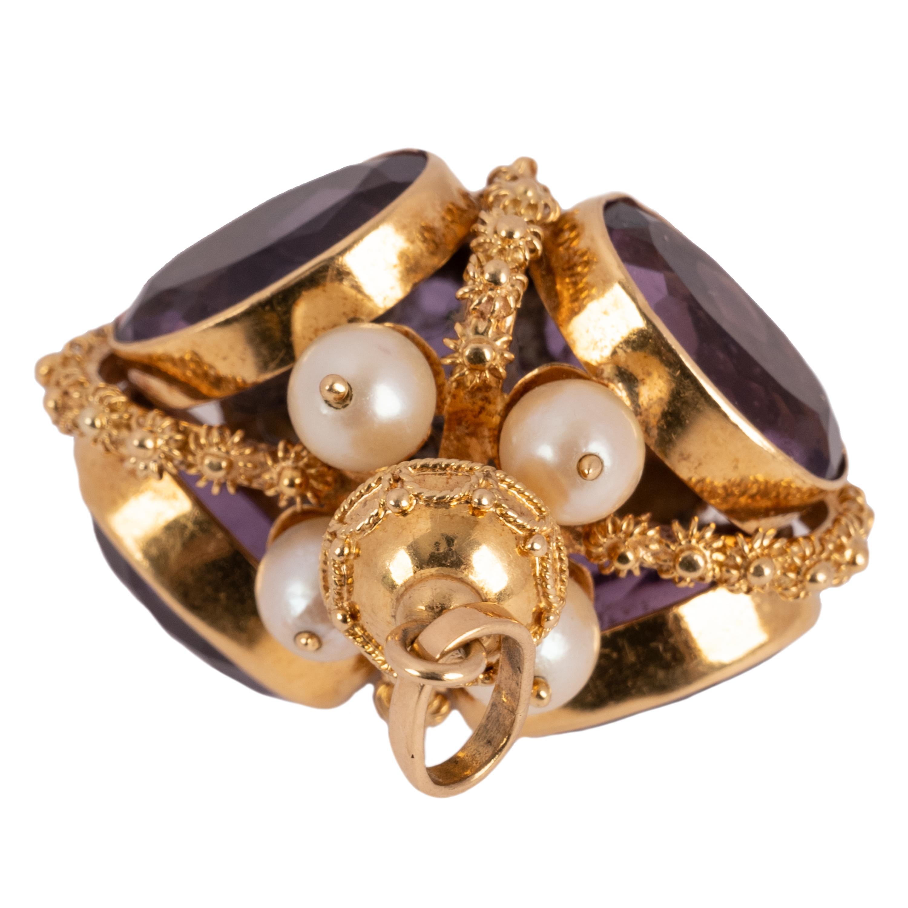 French  Vintage 18 Karat Gold Amethyst & Natural Pearl Royal Crown Jewel Pendant  For Sale