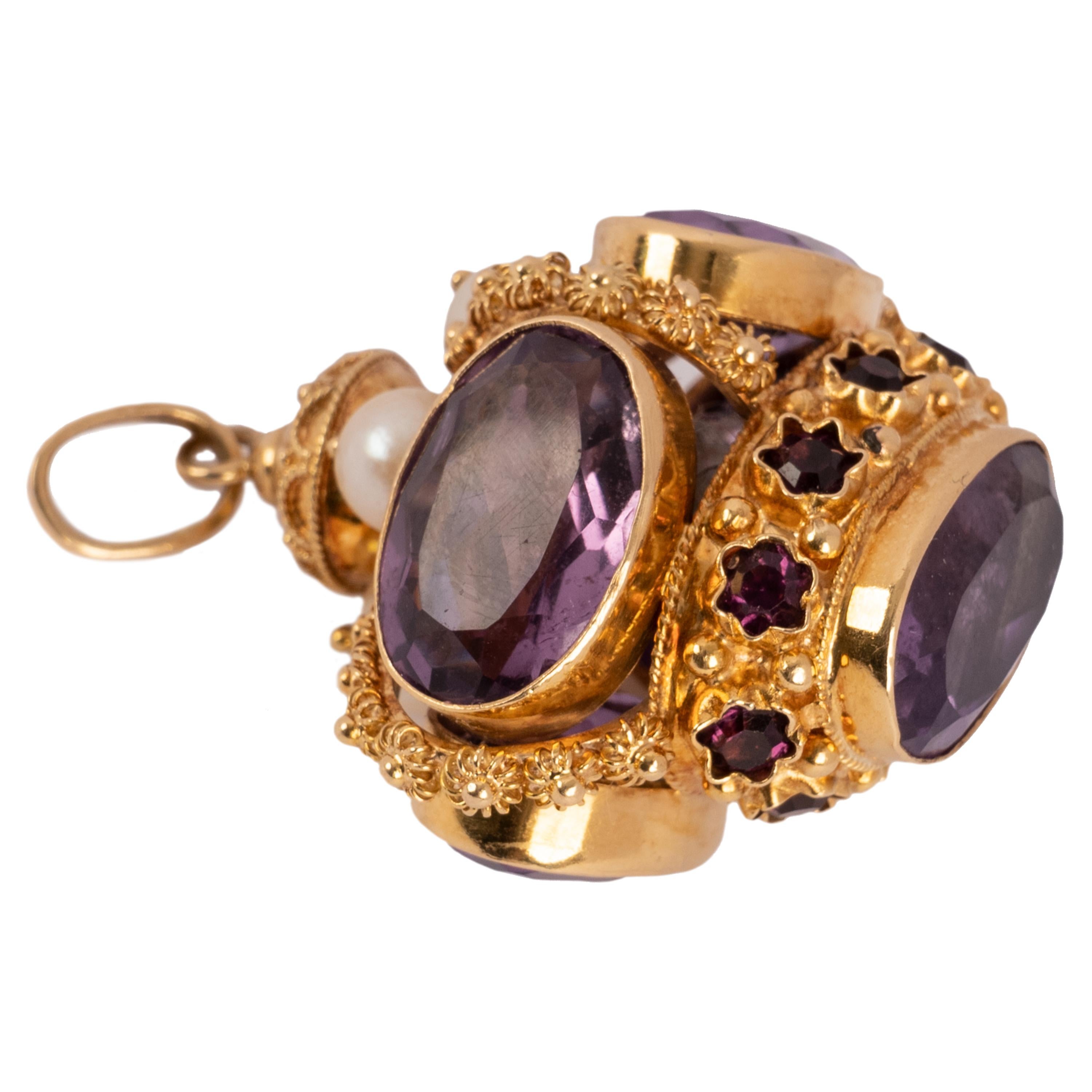 20th Century  Vintage 18 Karat Gold Amethyst & Natural Pearl Royal Crown Jewel Pendant  For Sale