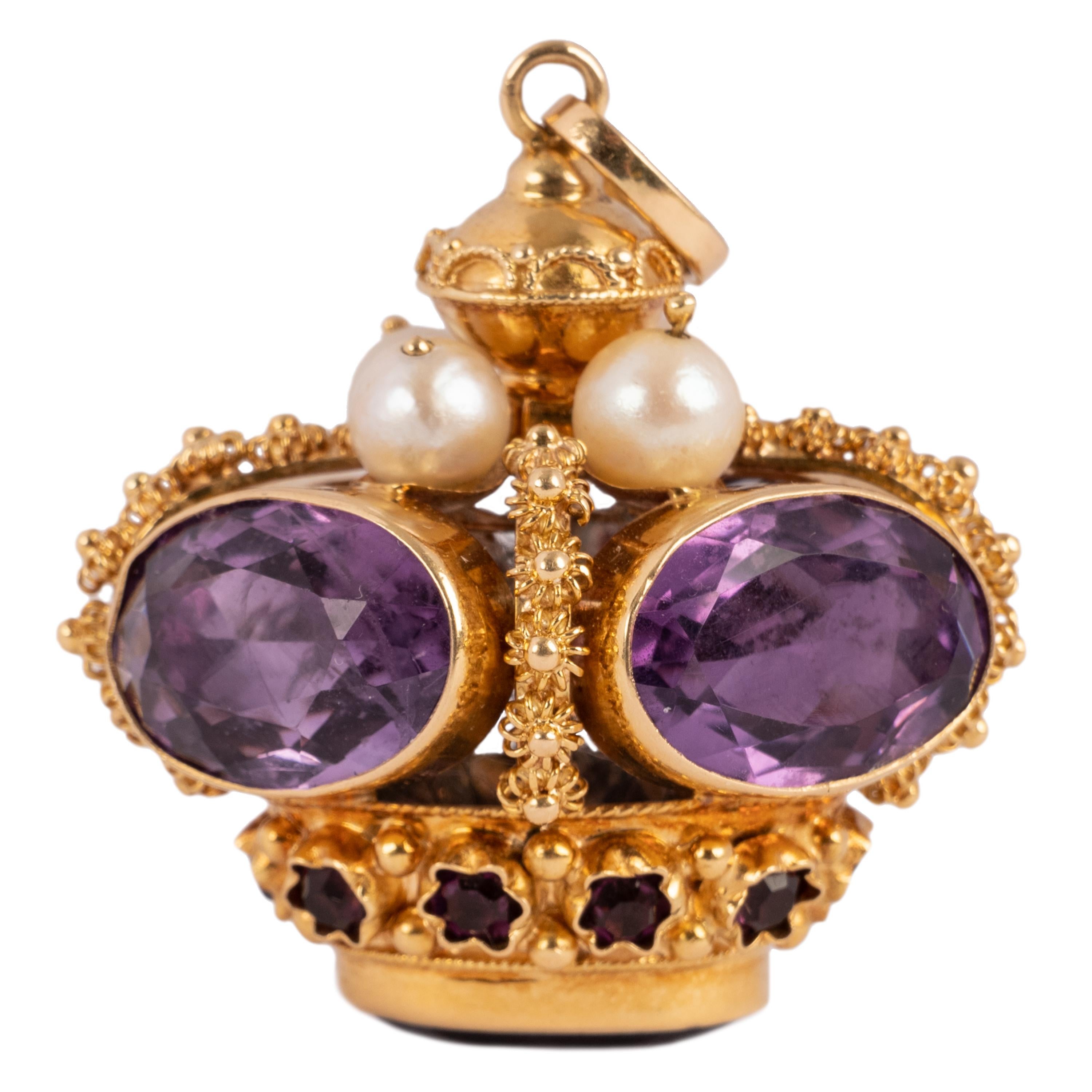  Vintage 18 Karat Gold Amethyst & Natural Pearl Royal Crown Jewel Pendant  For Sale