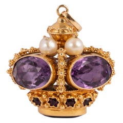  Pendentif vintage en or 18 carats avec améthyste et perle naturelle de la couronne royale 