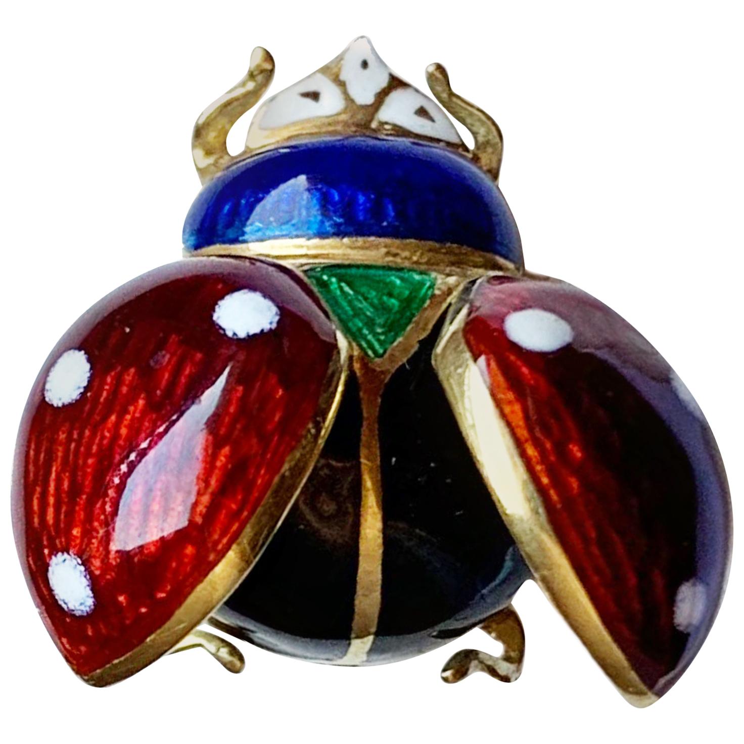 Hidalgo Ladybug 18 Karat Yellow Gold and Enamel Brooch at 1stDibs