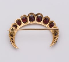 Vintage 18 Karat Gold and Garnet Crescent Moon Brooch, 1950s