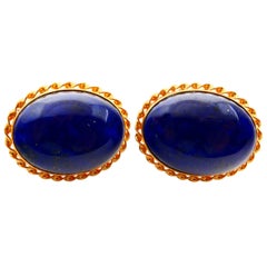 Vintage 18 Karat Gold and Royal Blue Lapis Lazuli Earrings, with Gold Veins