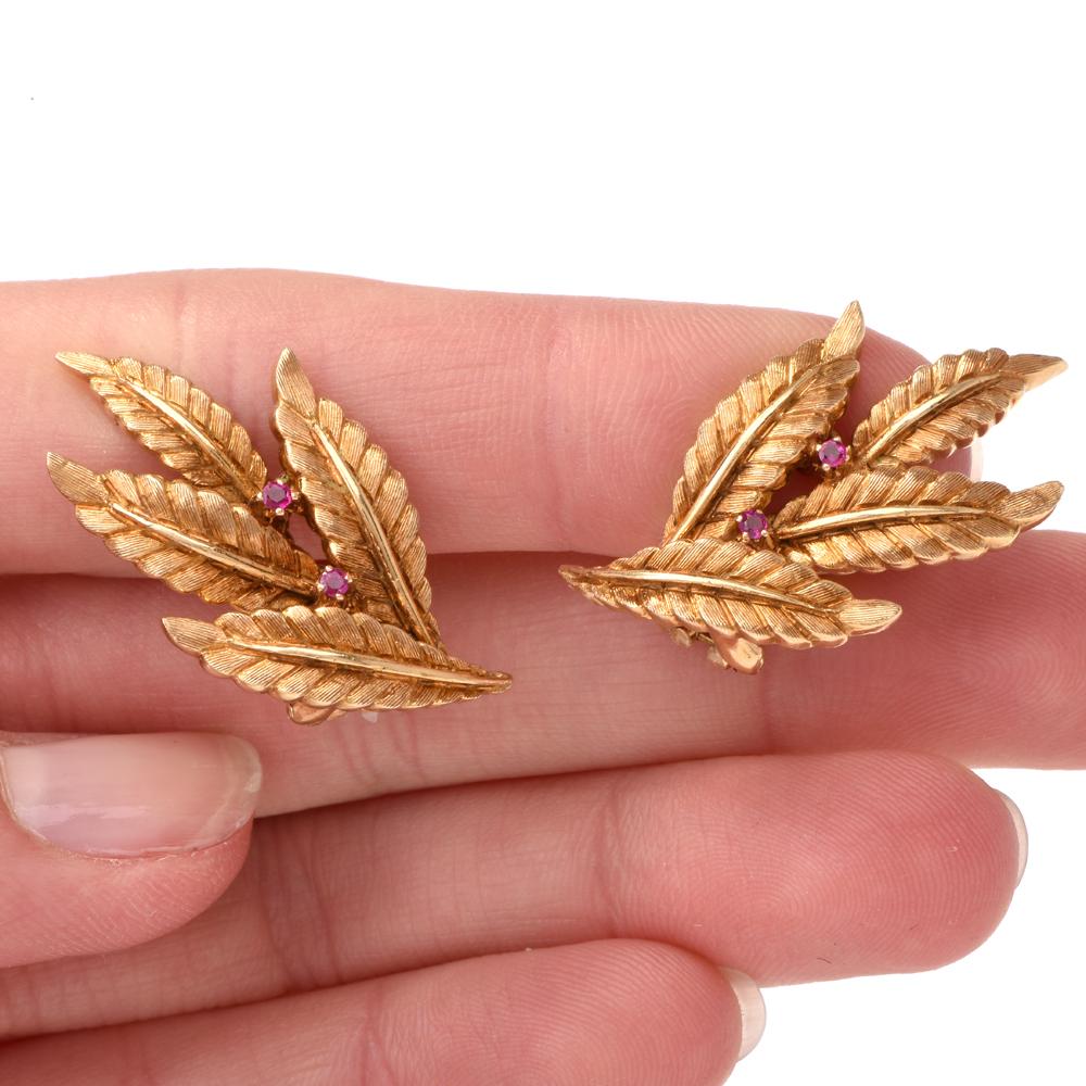 Round Cut Vintage 18 Karat Gold and Ruby Leaf Motif Clip-On Earrings