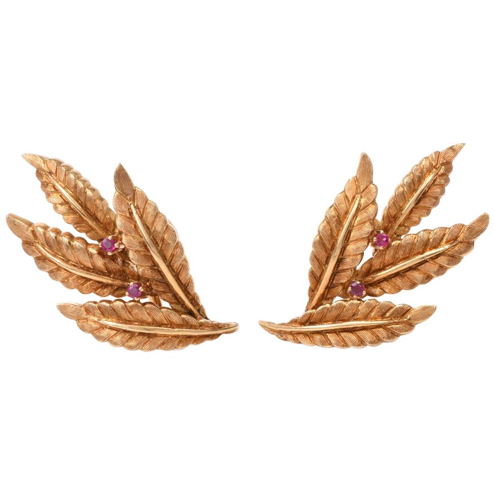 Vintage 18 Karat Gold and Ruby Leaf Motif Clip-On Earrings
