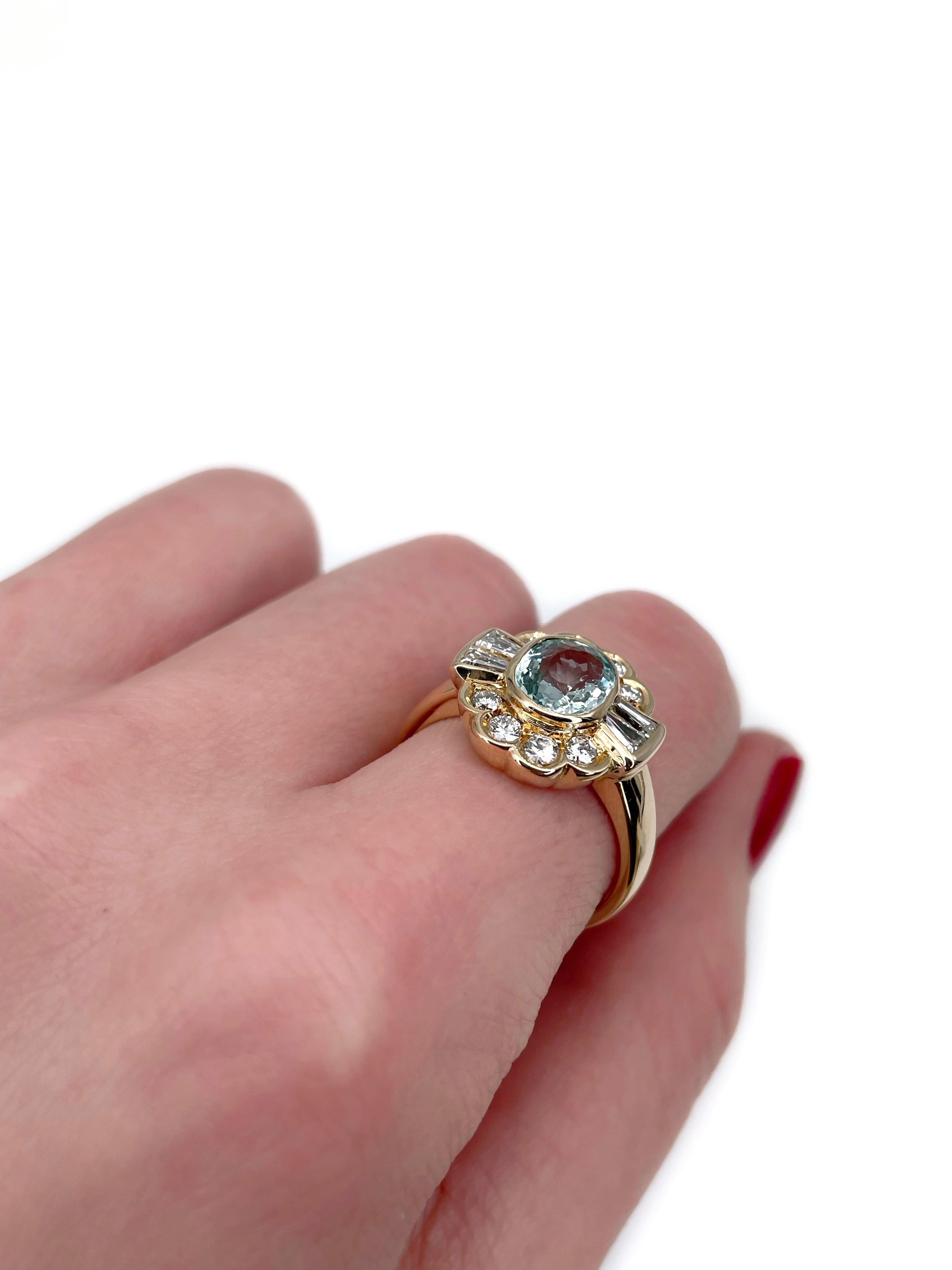 Anillo vintage de oro de 18 quilates con aguamarina y diamantes de 0,61 quilates Moderno
