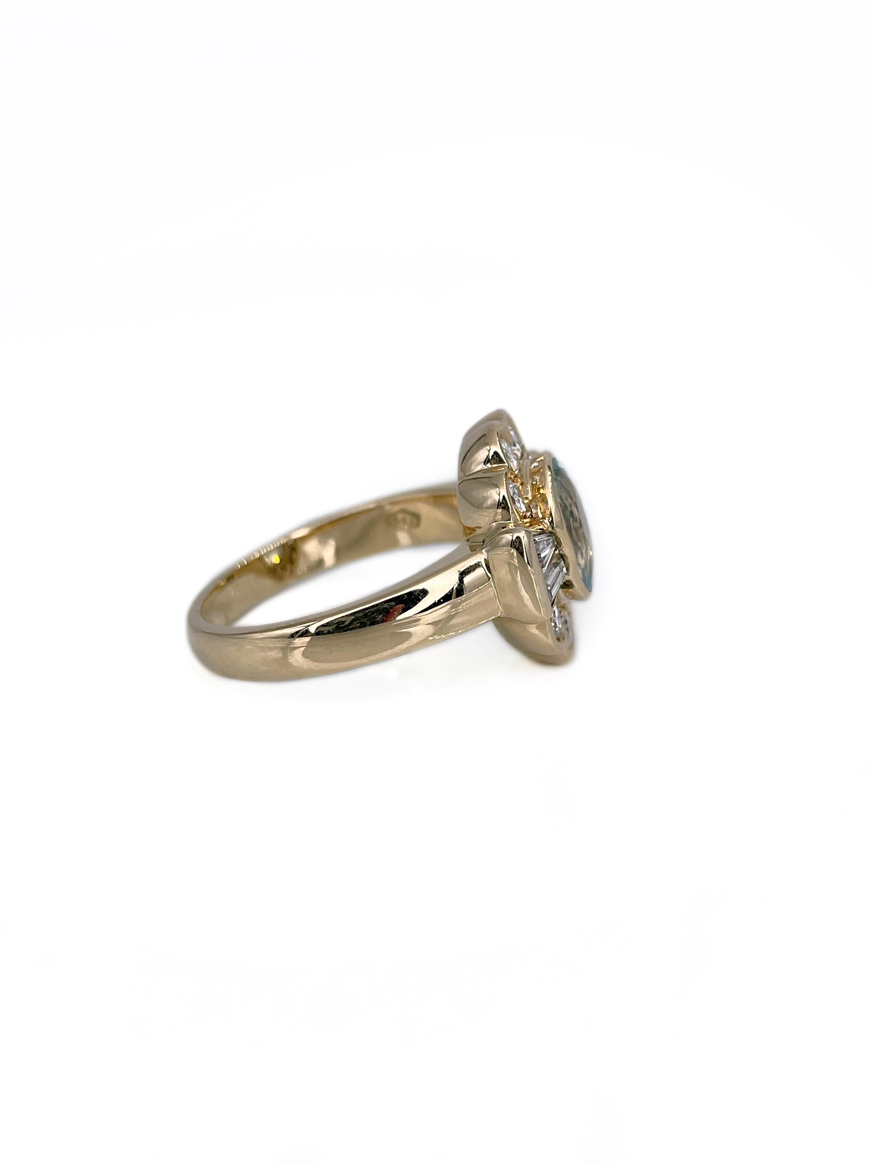 Anillo vintage de oro de 18 quilates con aguamarina y diamantes de 0,61 quilates Corte mixto