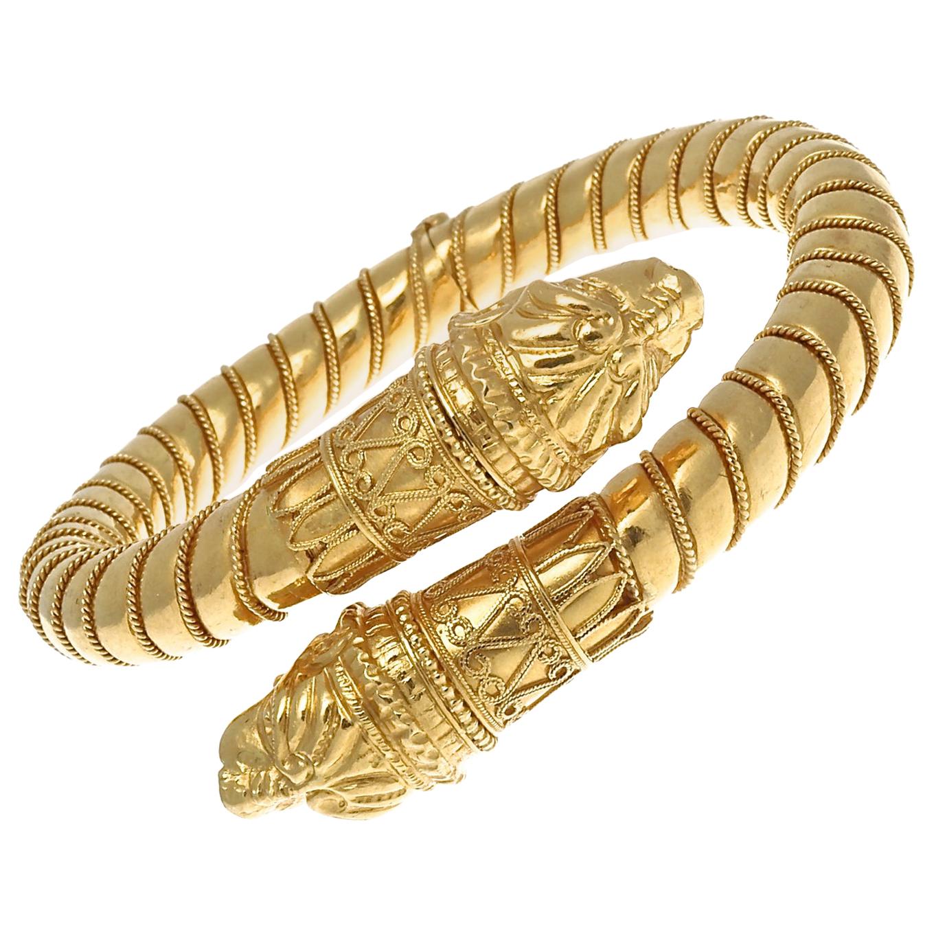 Greek Vintage Double Rams Head Gold Bangle Bracelet For Sale At