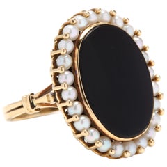 Vintage 18 Karat Gold, Black Onyx and Pearl Ring