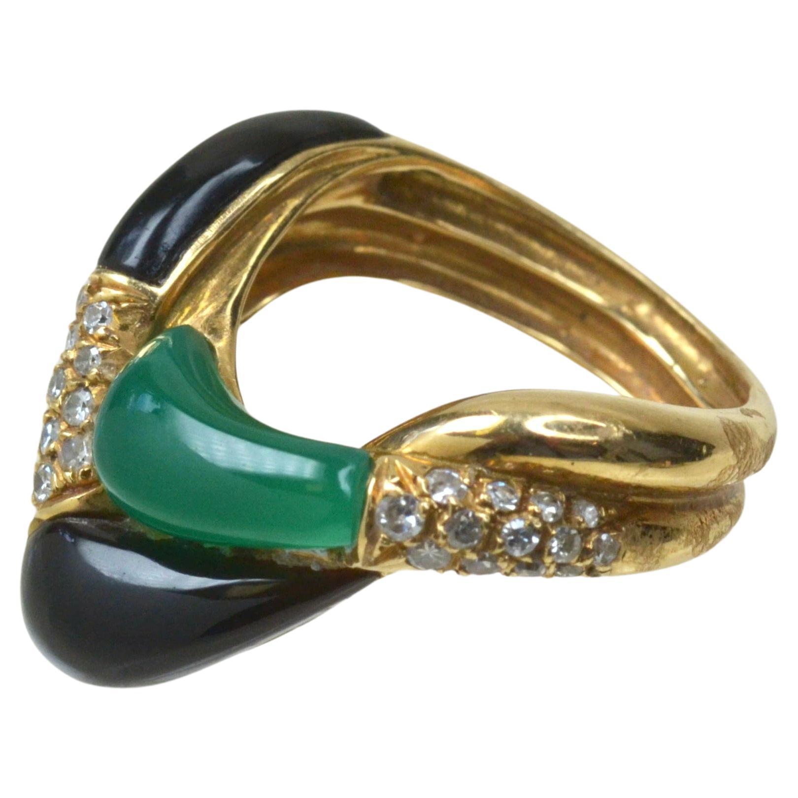 Vintage 18 Karat Gold, Black Onyx, Jade and Diamond Ring