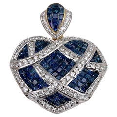 Vintage 18 Karat Gold Blue Sapphire Diamond Heart Pendant Necklace